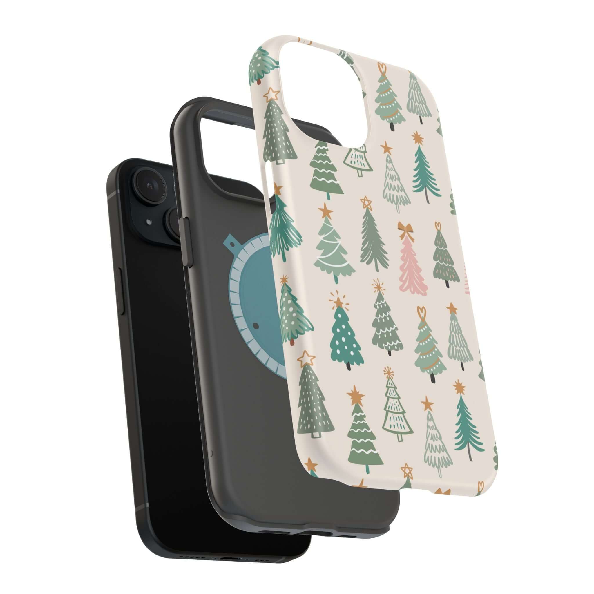 Festive holiday-themed MagSafe case featuring a colorful Christmas tree design for a cute and protective xmas phone cover.