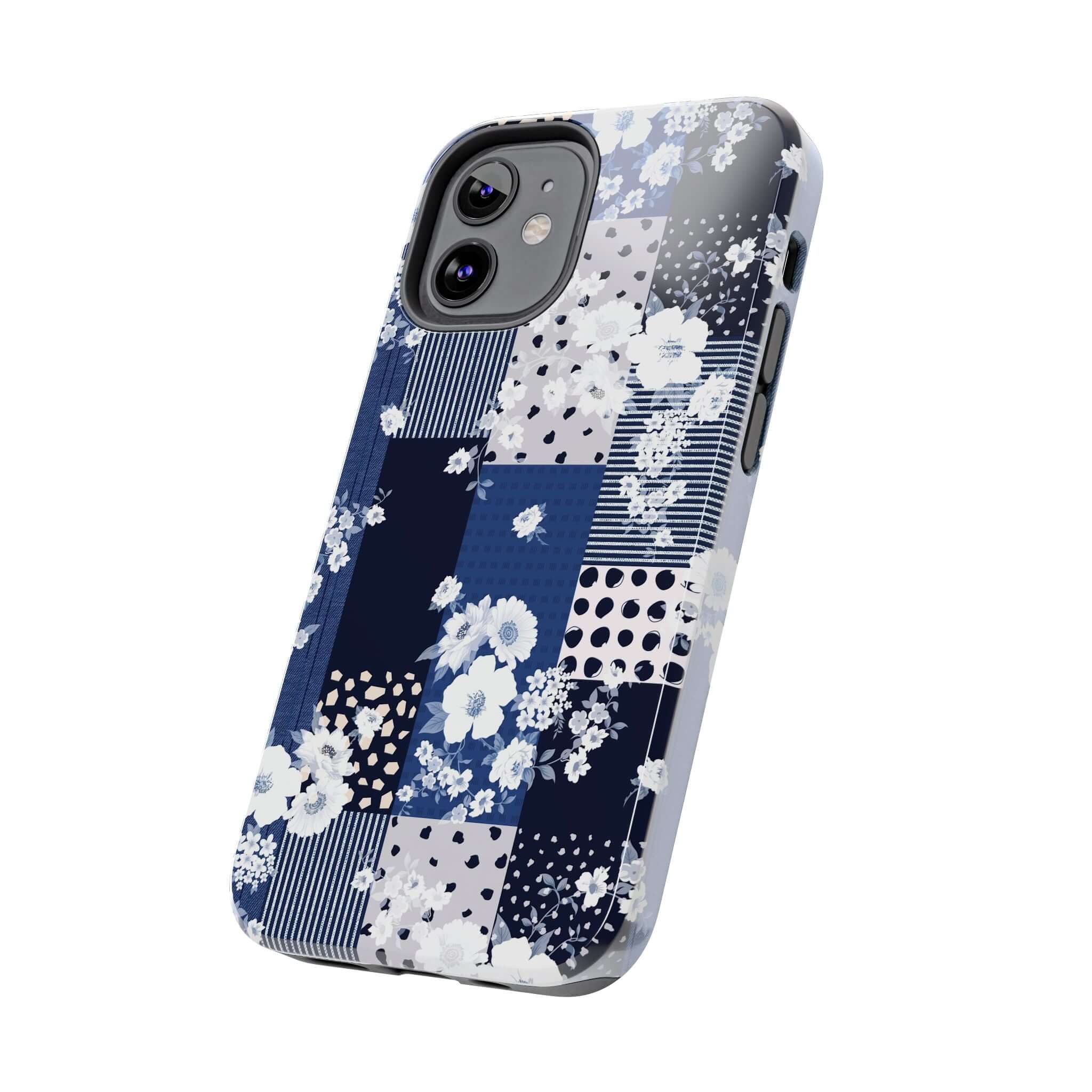 Cute blue floral patchwork iPhone case, sorority book club phone cover, stylish Samsung phone case with flowers.