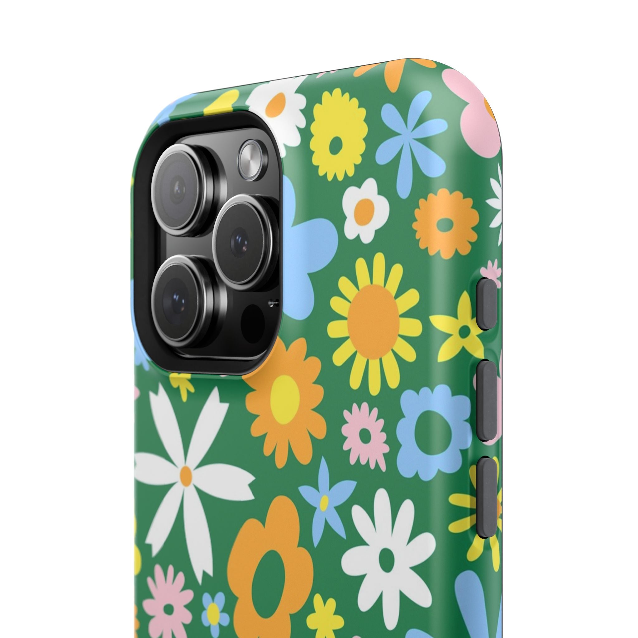 Vibrant floral hippie MagSafe iPhone case with colorful flowers on green. Cute phone cover for style and protection.