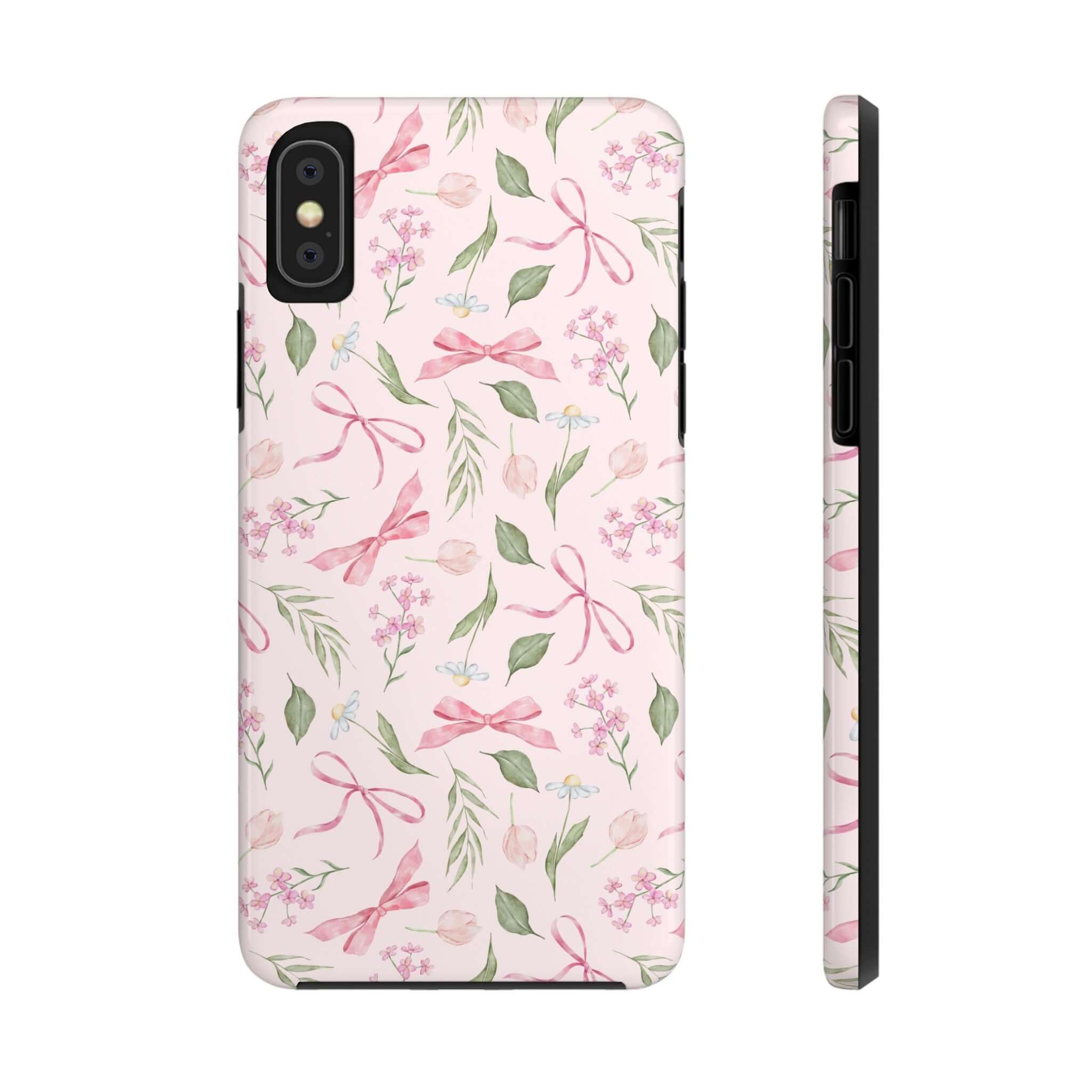 Pink Coquette Bow iPhone Case featuring cute bow patterns, suitable for iPhone 14 and iPhone 15.