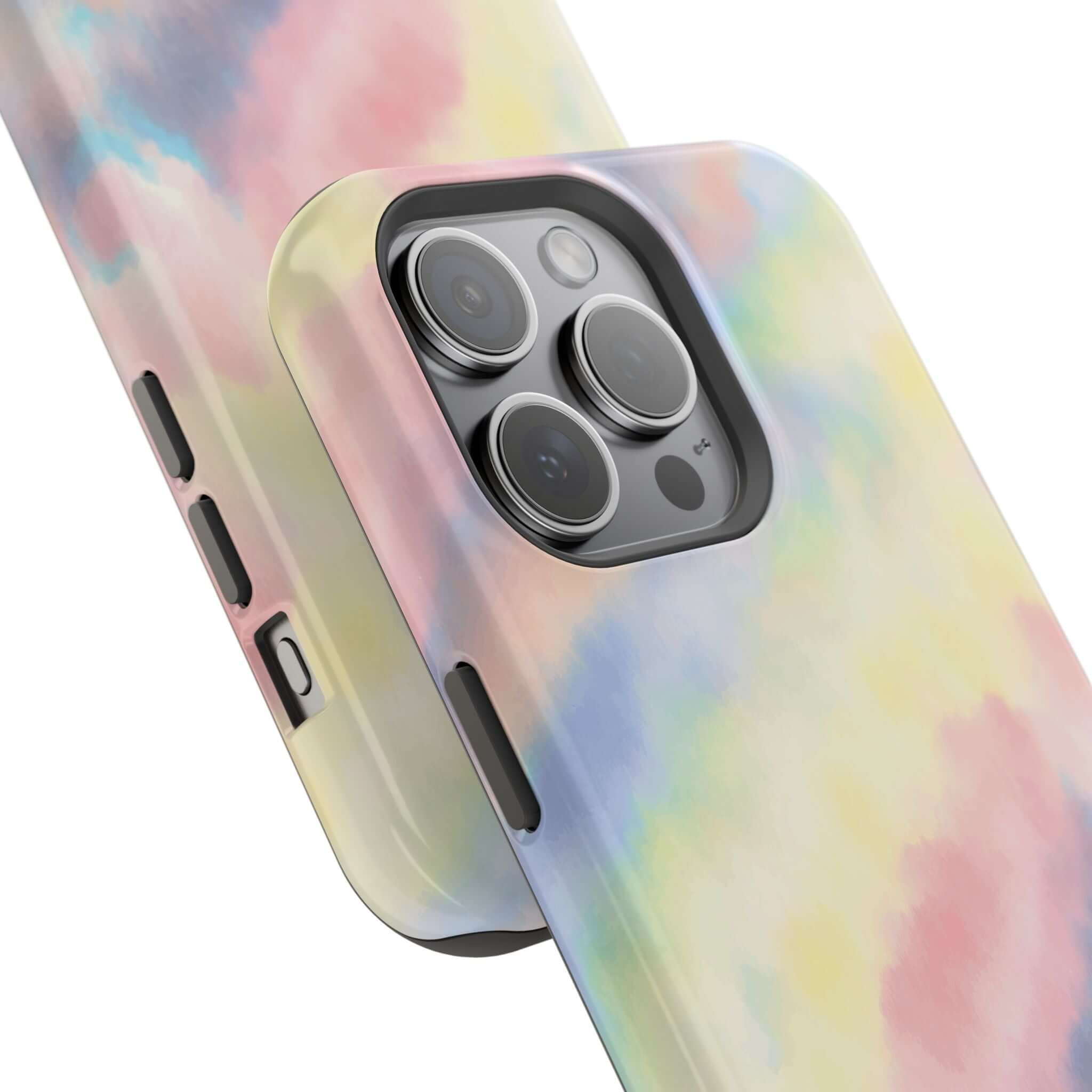 Cute iPhone case in pastel tie dye design, MagSafe compatible, perfect custom phone case for adding a touch of magic to your tech.