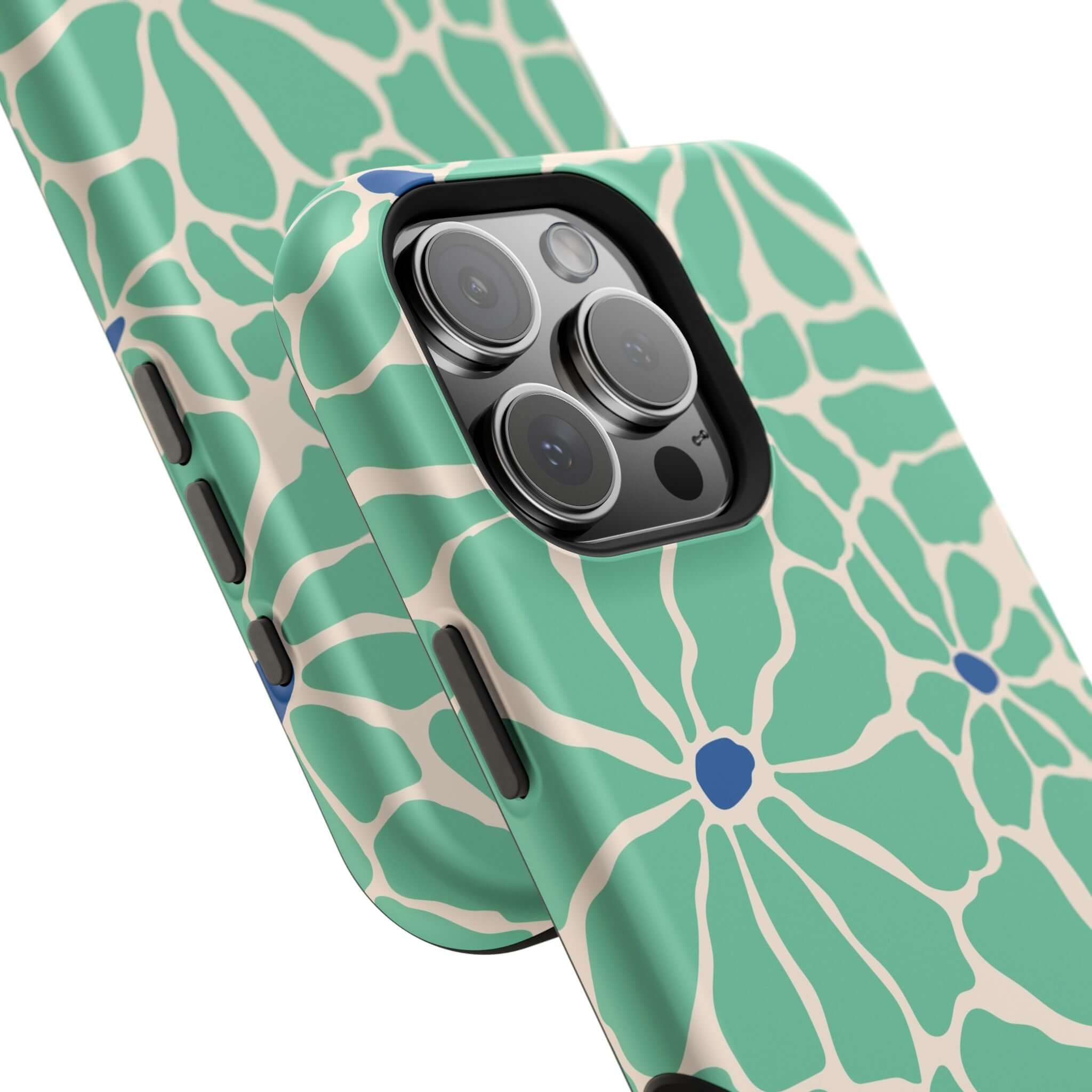 Cute Retro Floral iPhone Case in green, showcasing MagSafe technology for stylish phone protection.