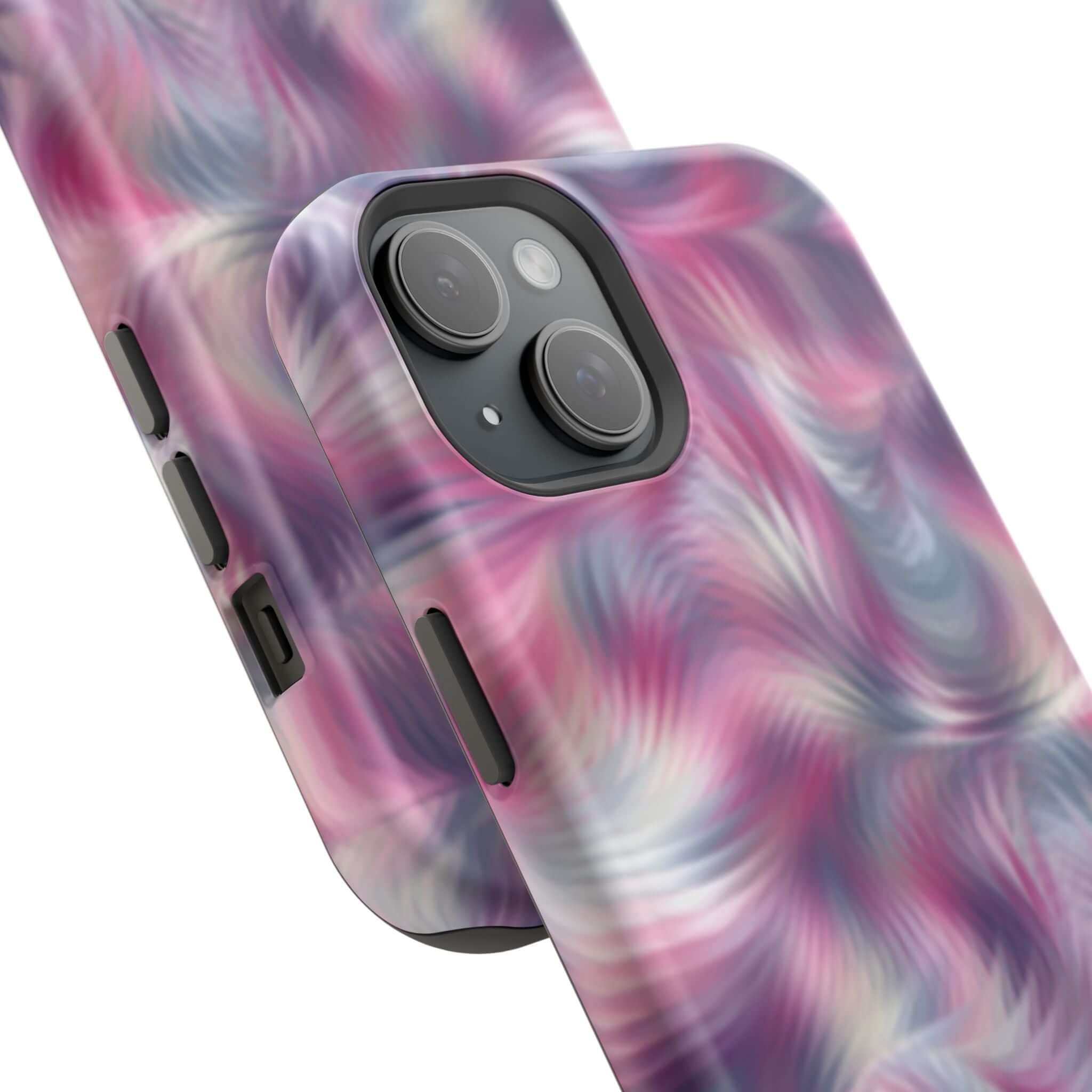 Cute purple abstract MagSafe iPhone case with tie dye swirl design, quirky phone cover for a playful personality and floral style.