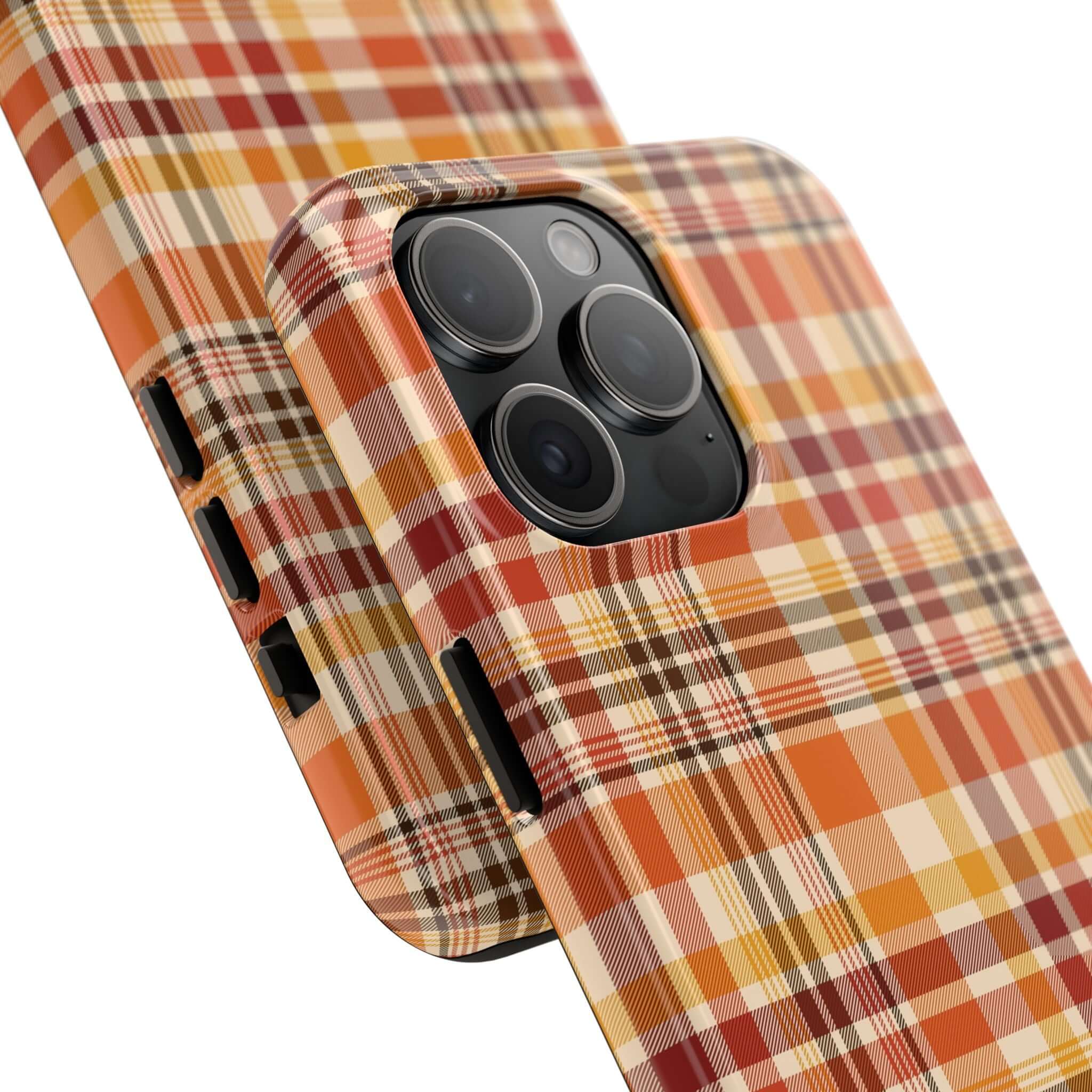 Cute autumn plaid Halloween phone case for iPhone, fall protection with stylish design.