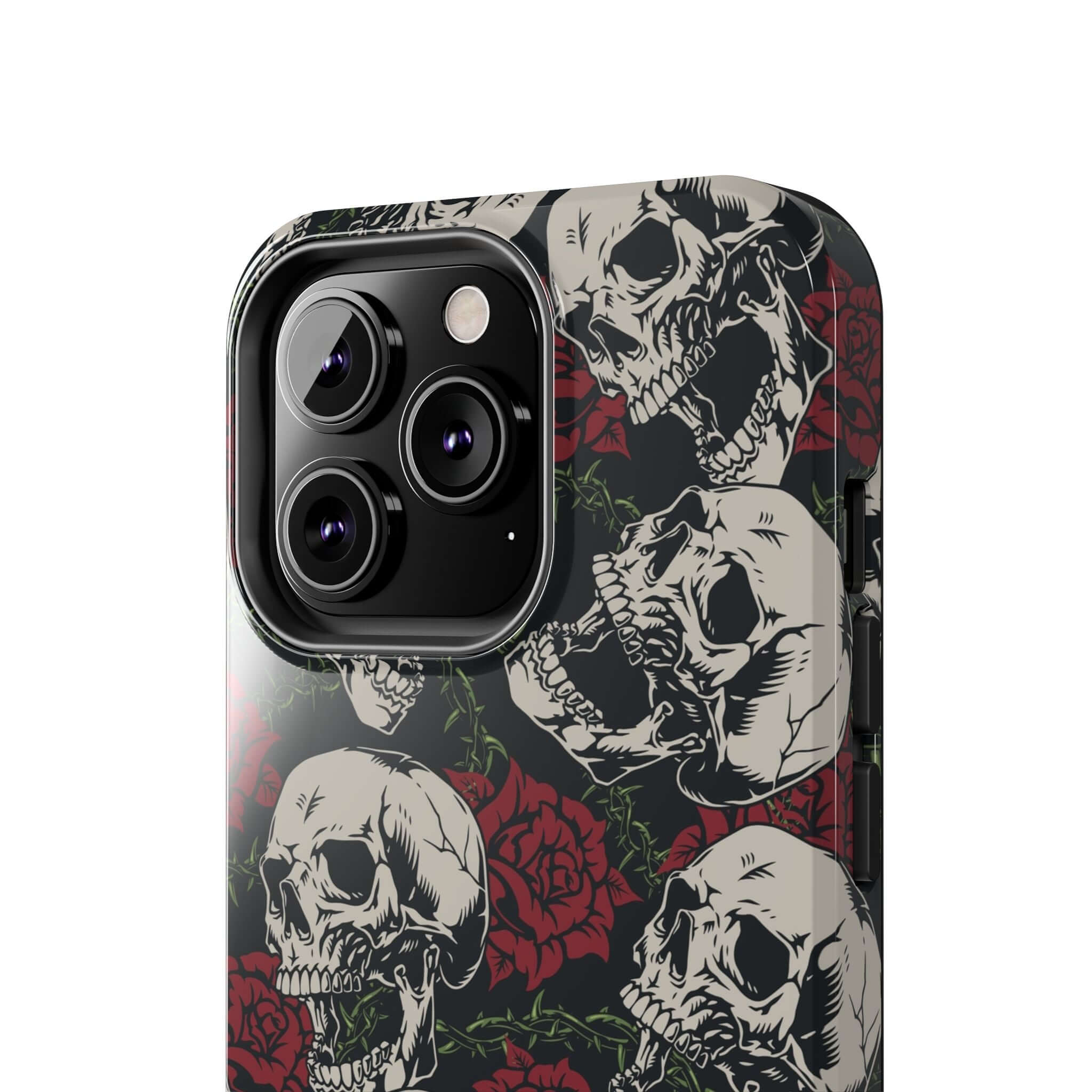 Baddie Girl Vibes Skull Rose iPhone Case with rebellious biker design and red roses for iPhone 16, cute and protective MagSafe-compatible case