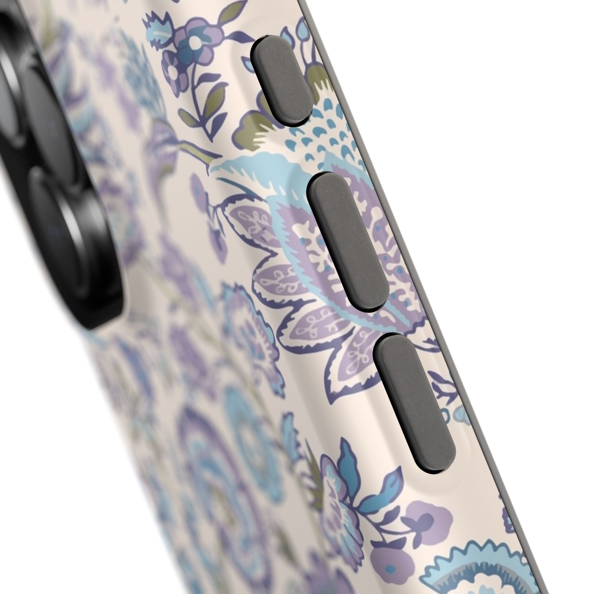 Blue CottageCore floral MagSafe iPhone case with whimsical design, showcasing close-up of buttons and protective cover.