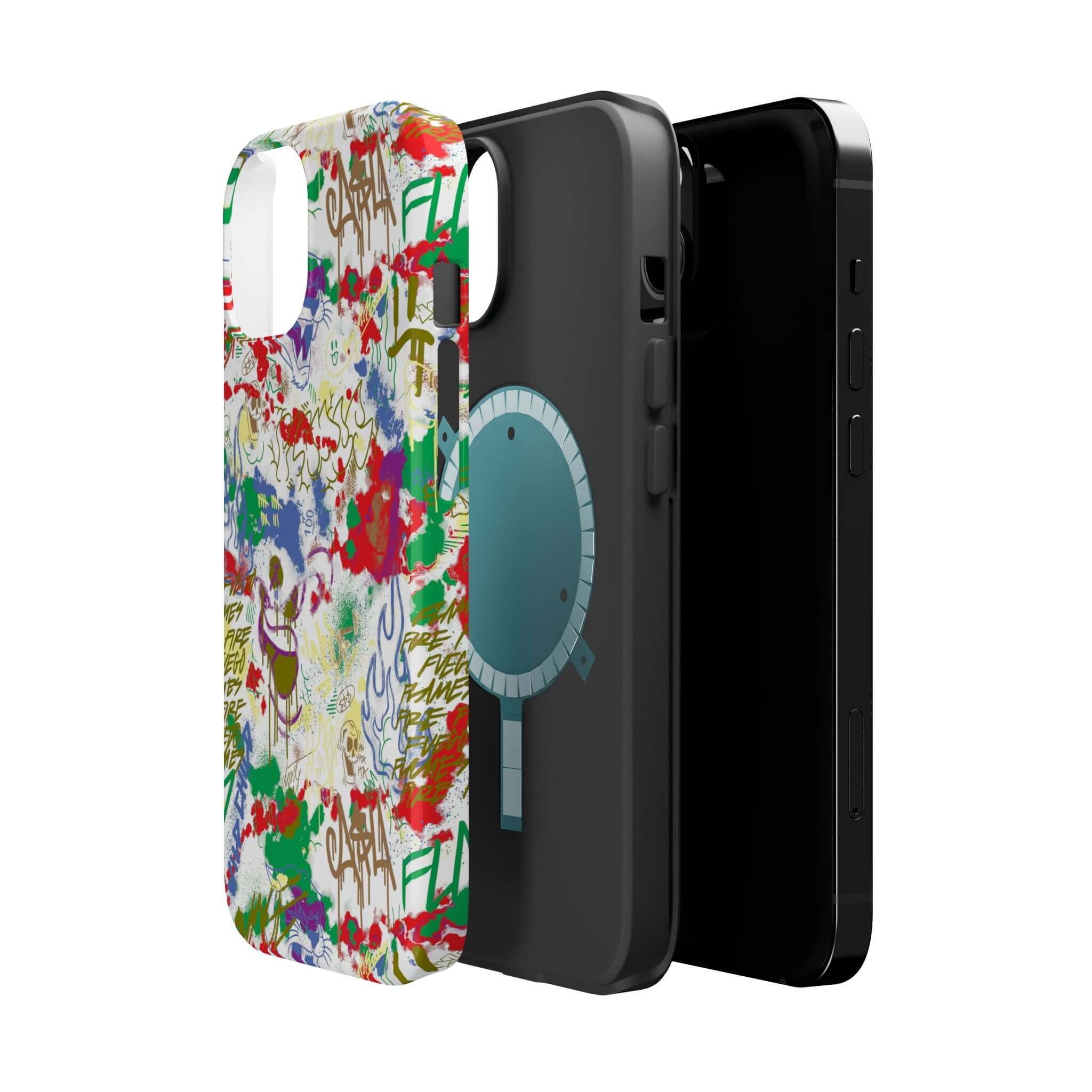 Colorful graffiti phone case design featuring street art, perfect cute phone cover for iPhone users.