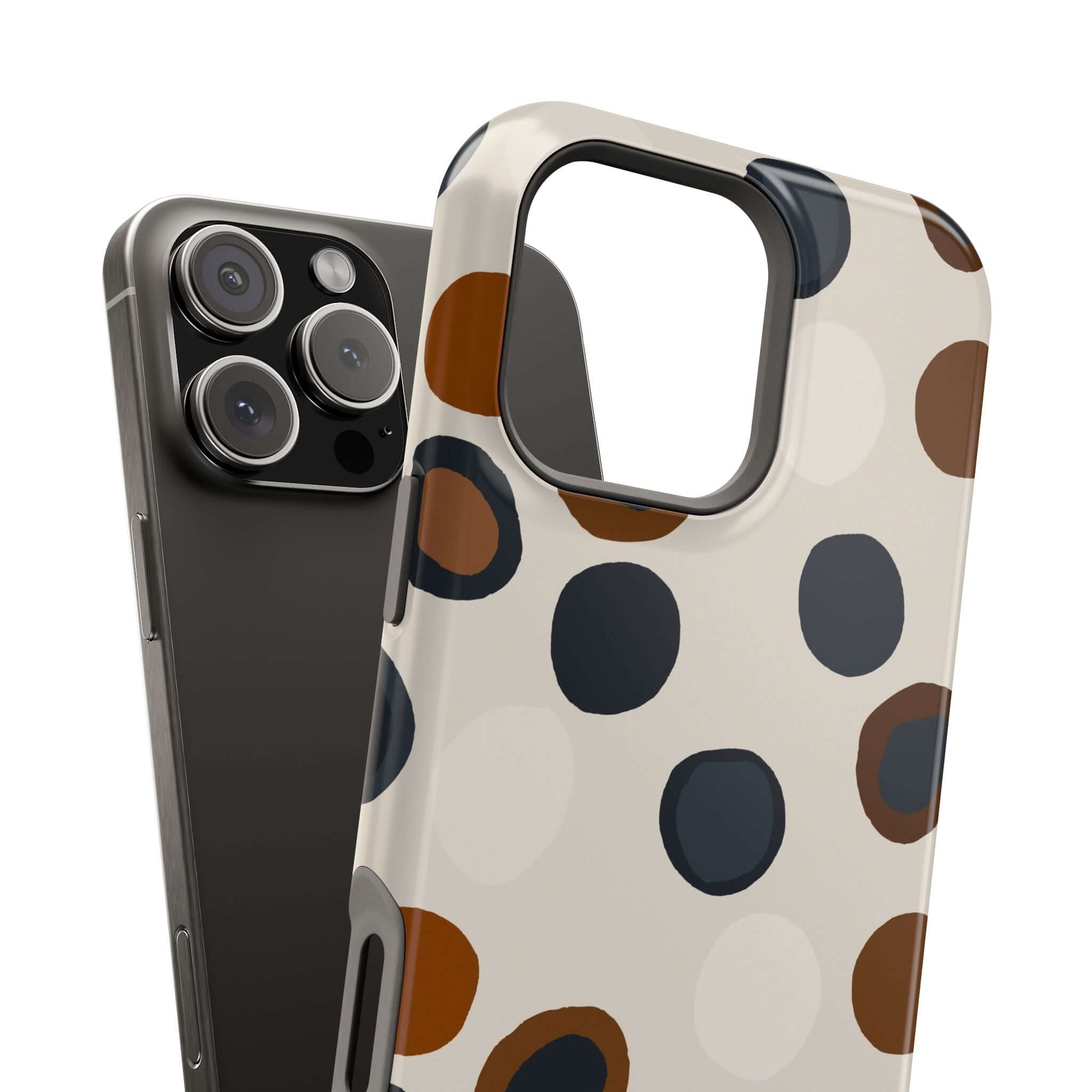 Chic Wanderer Modern Spots Case for iPhone with abstract brown and black pattern, a cute and colorful MagSafe accessory.