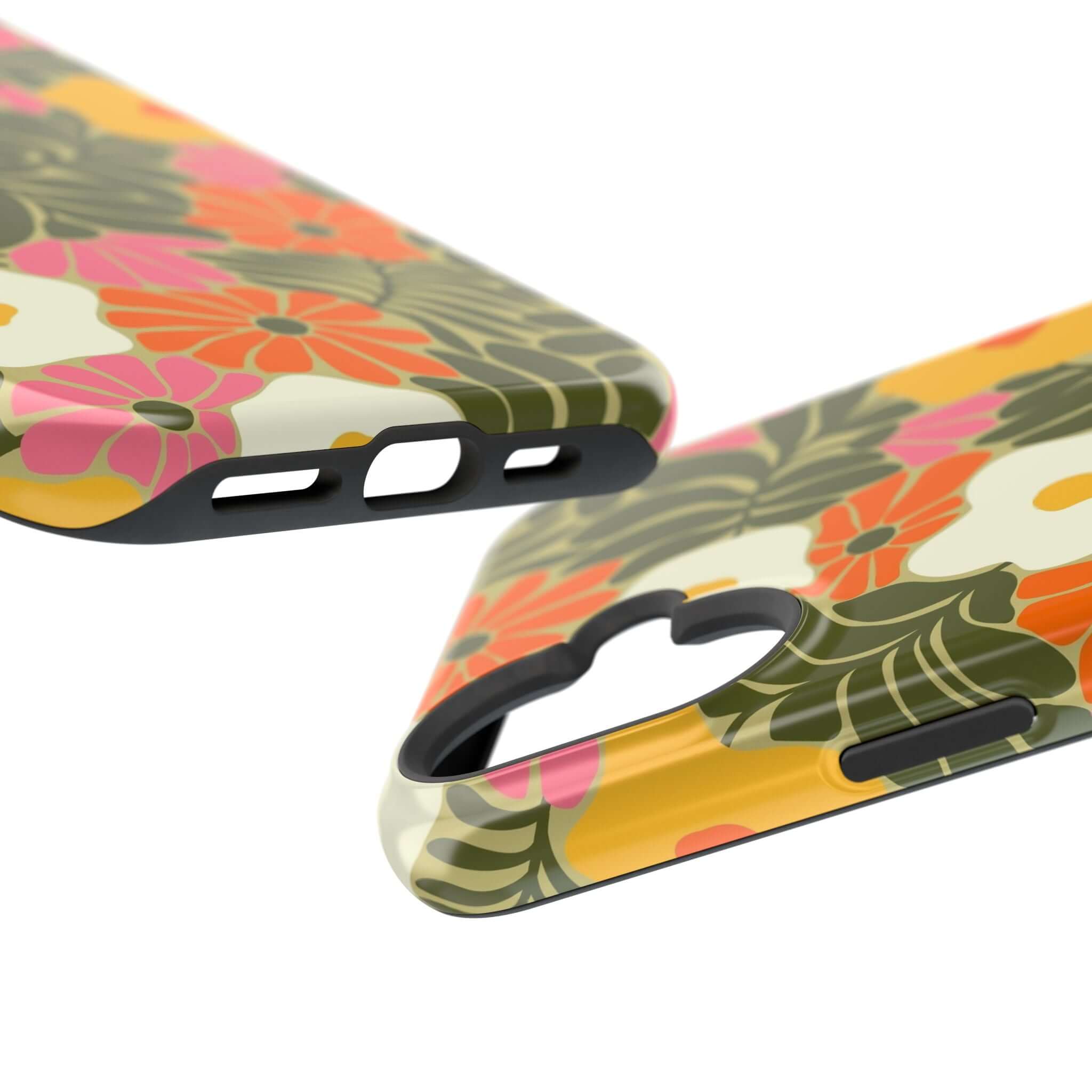 Retro tropical floral phone case design for Apple iPhone, featuring vibrant colors and MagSafe compatibility.