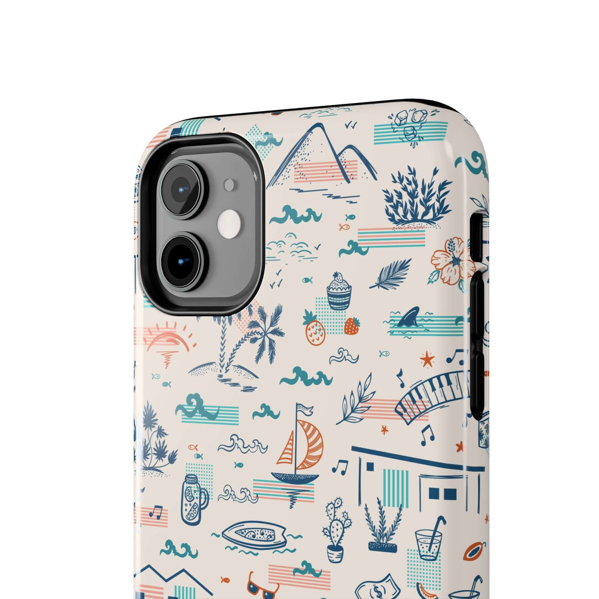 Colorful and cute summer-themed iPhone 14 Pro Max case with beach and vacation illustrations.