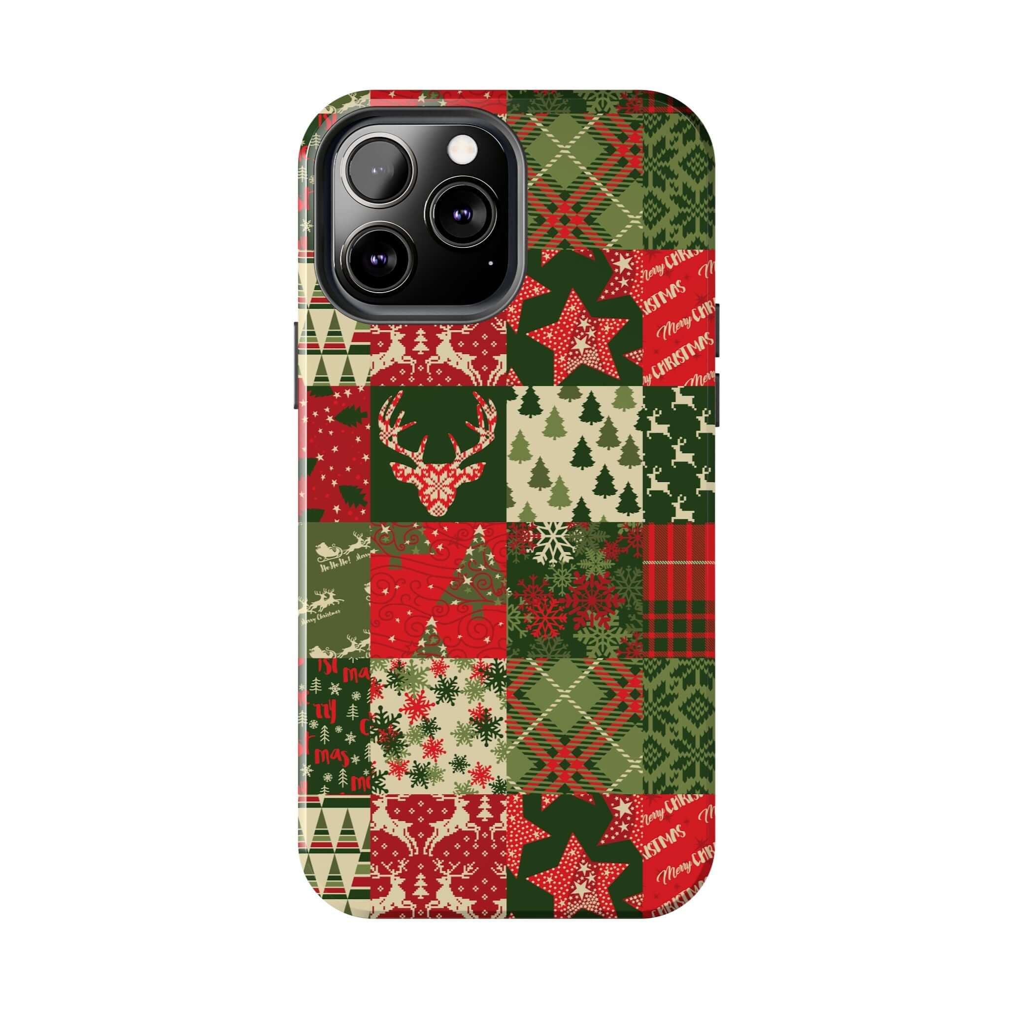 Green holiday iPhone case with Christmas trees, snowflakes, and festive patterns. Cute custom phone case design for Christmas.