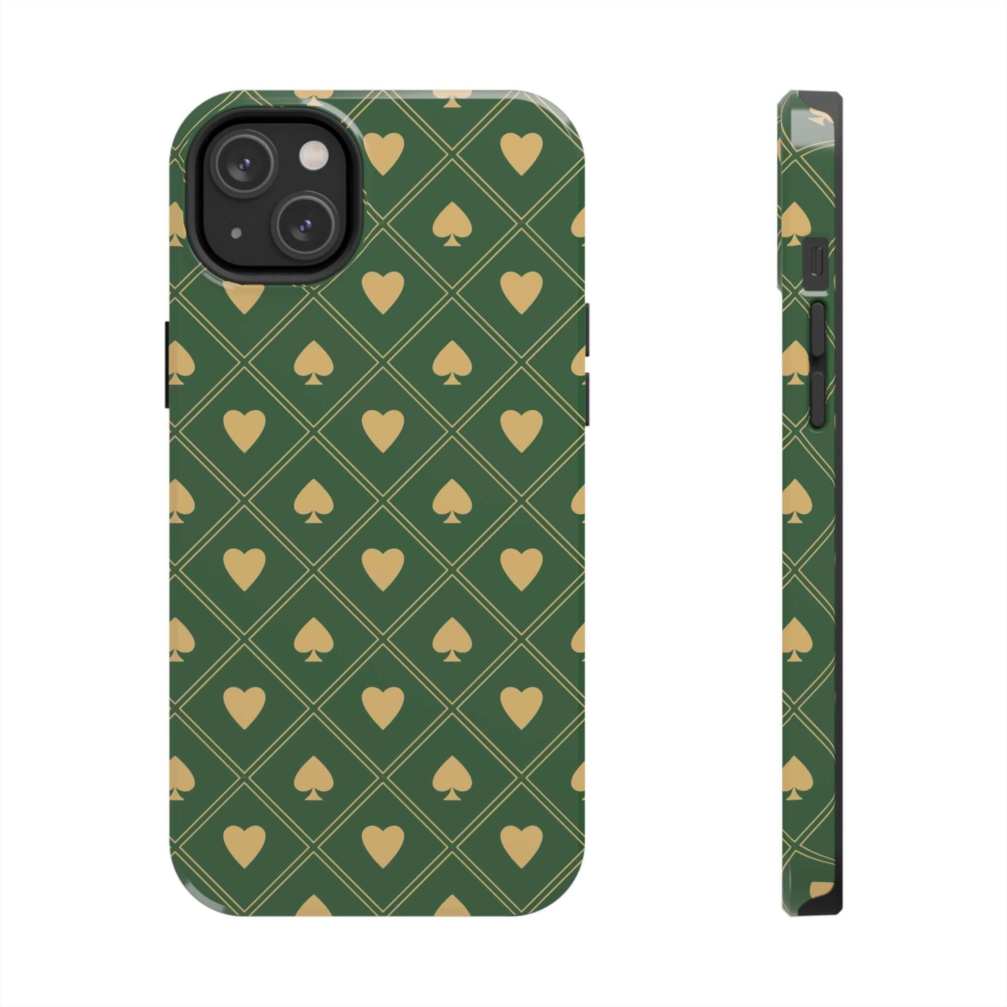 Green phone case with gold spade pattern for iPhone and Samsung models, cute phone cover with a fun and stylish design.