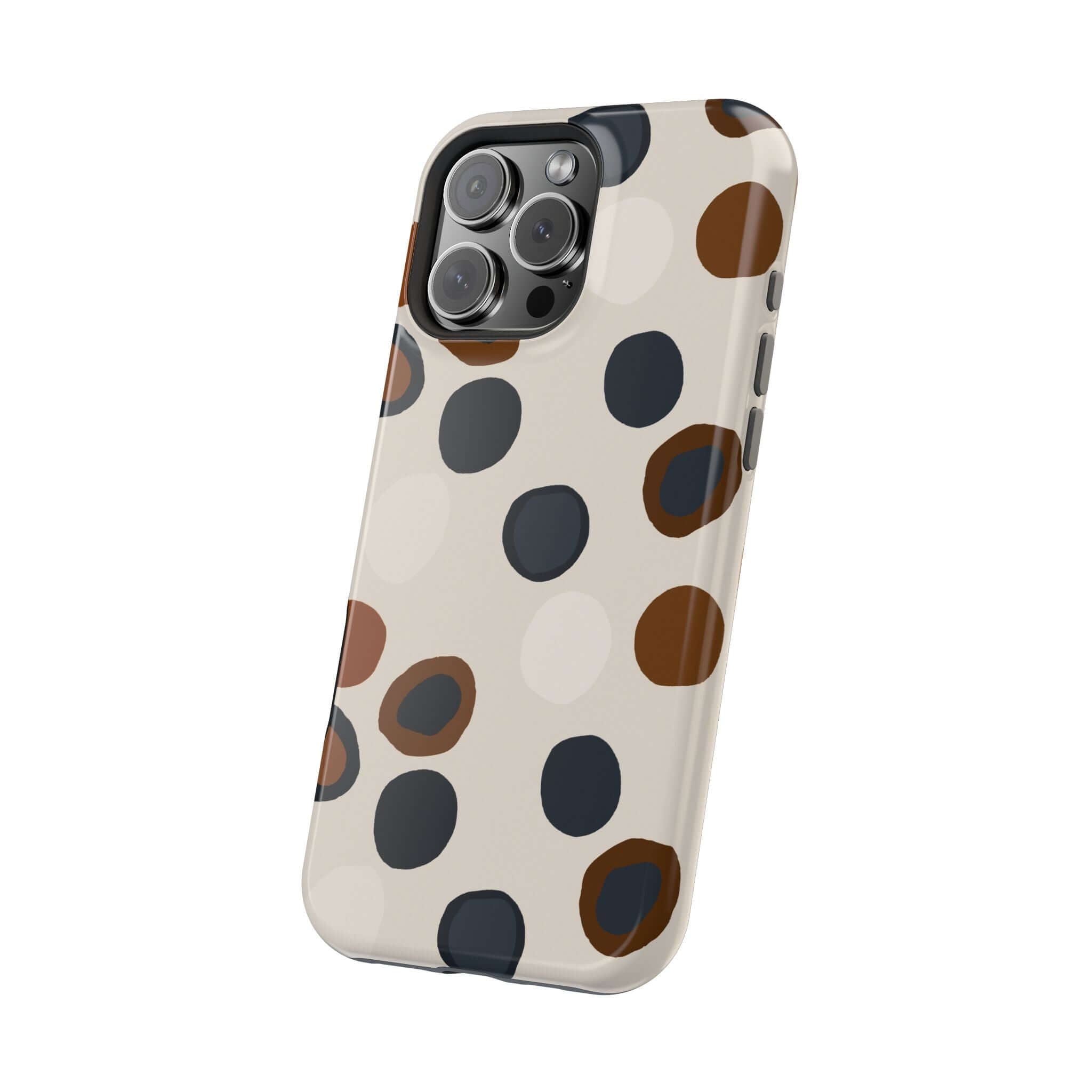 Chic Wanderer Modern Spots colorful iPhone case featuring abstract brown and black spots design, cute and stylish phone accessory.