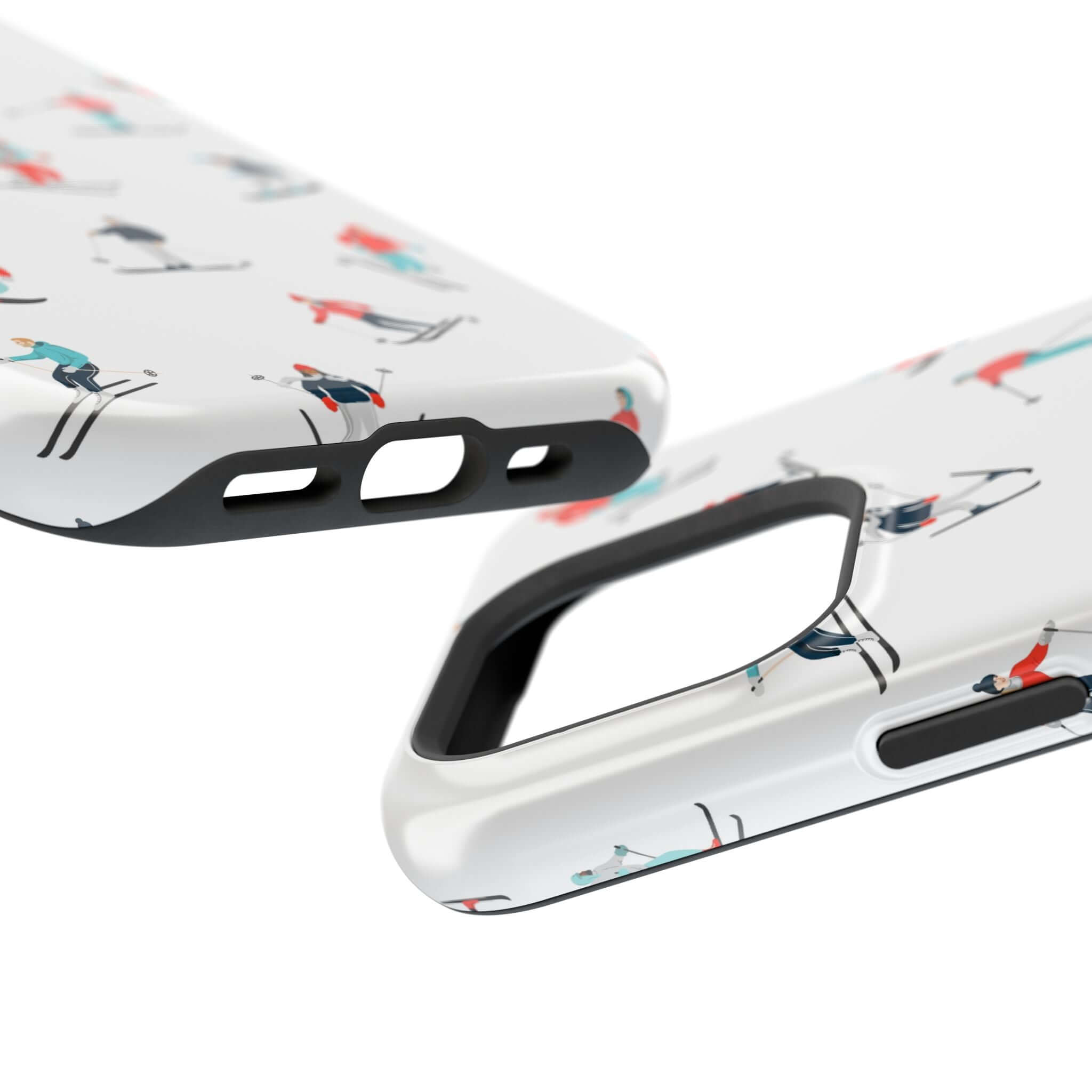 Cute phone case with skiing design, perfect for winter sports enthusiasts and MagSafe compatible.