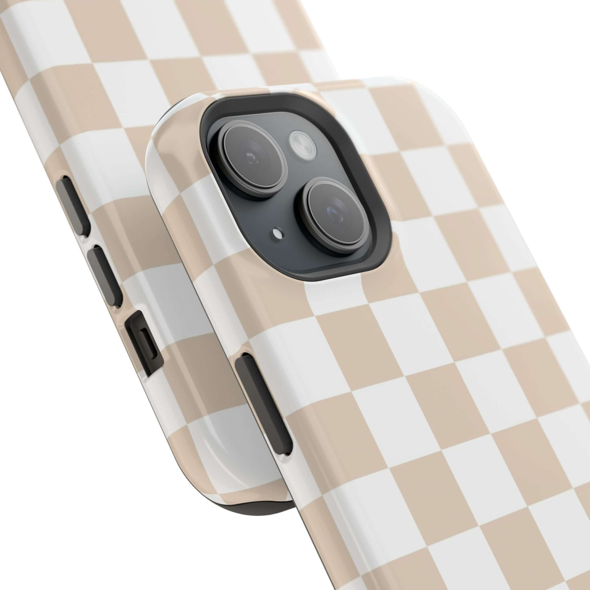 Cream checkered cute MagSafe iPhone 16 case with beige checkered print, offering stylish and protective phone cover