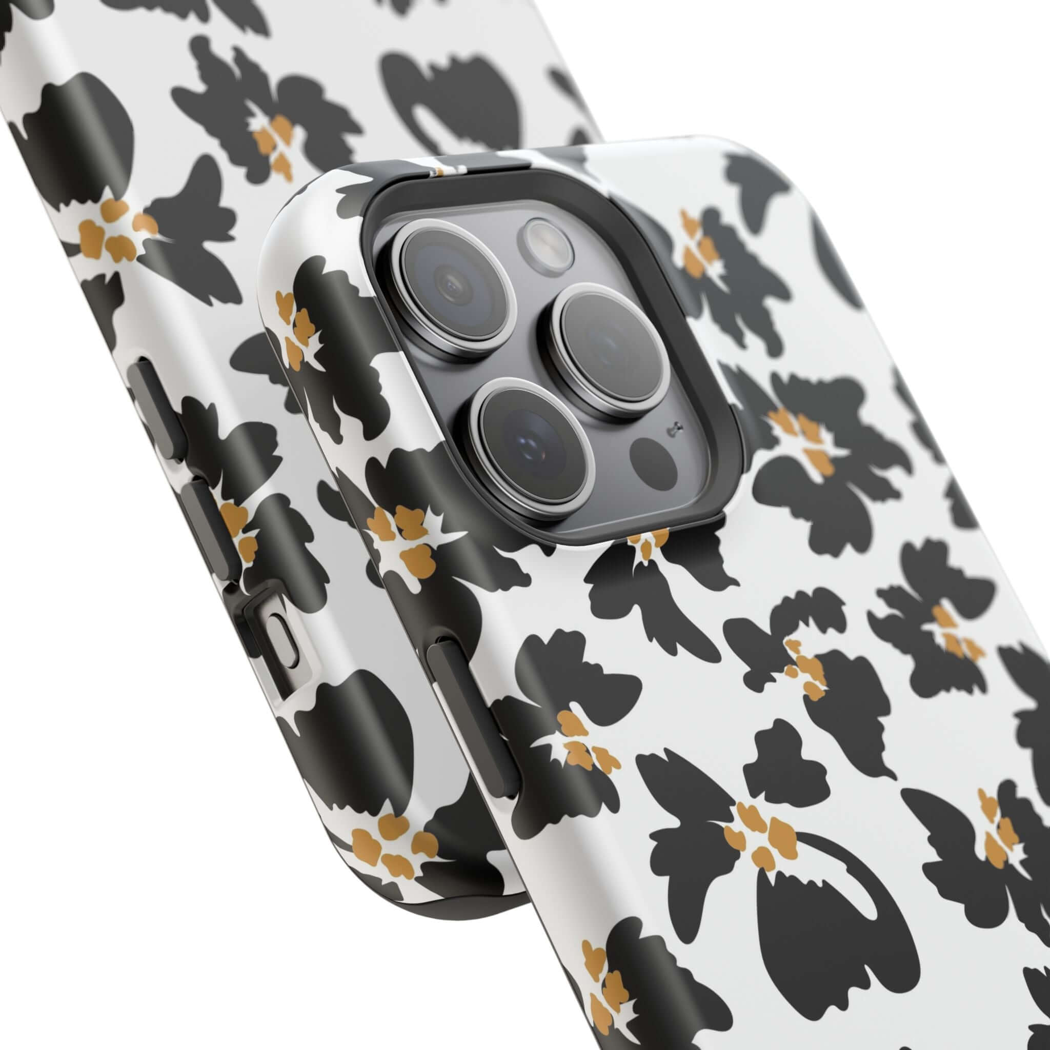 Modern Noir Flora black floral case with animal print design for iPhone, featuring a cute and stylish MagSafe compatible cover.