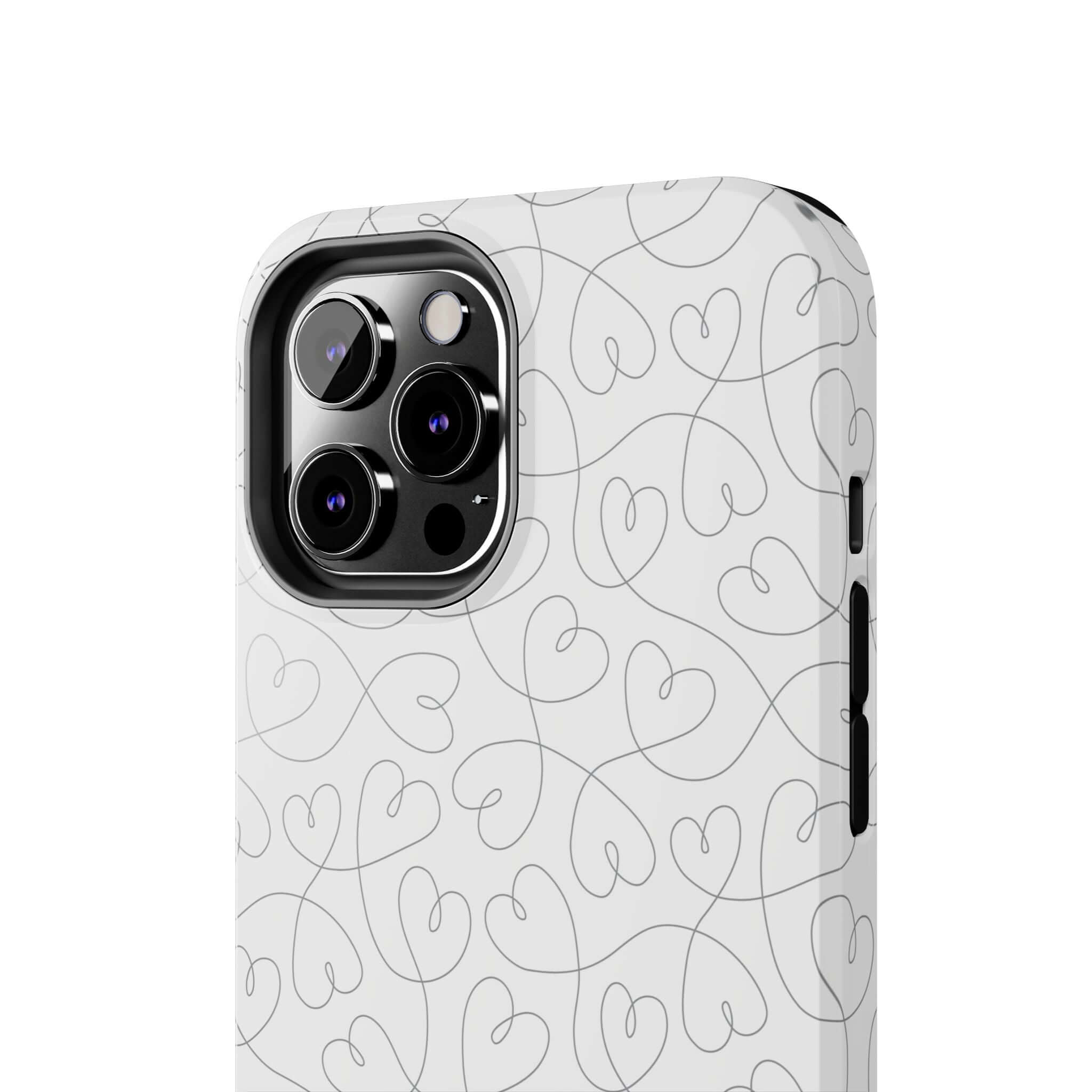 Silver Hearts Romance phone case featuring abstract heart design for iPhone 14 Pro Max. Cute phone case for brides and weddings.