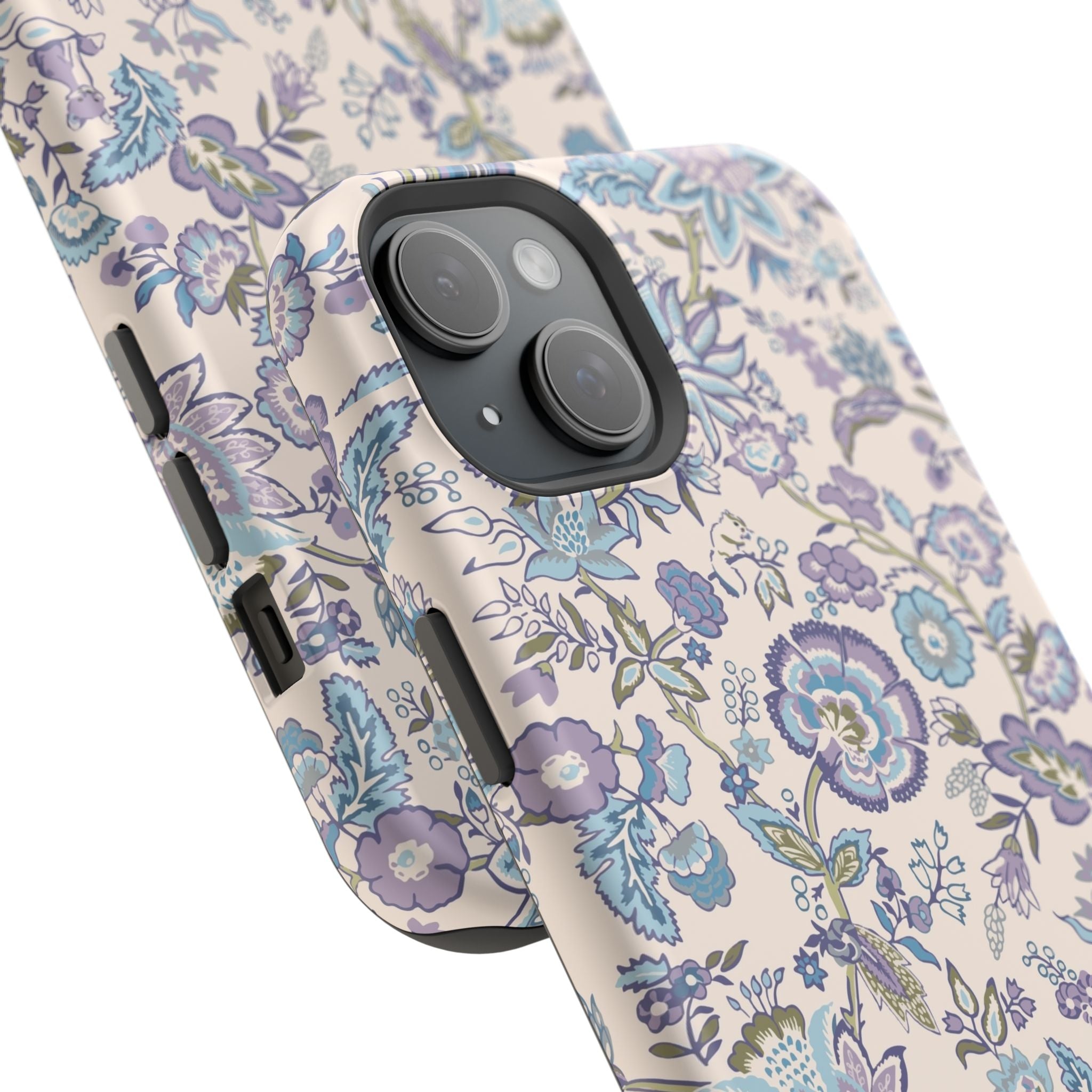 Blue CottageCore floral MagSafe iPhone case with whimsical nature design, perfect cute phone cover for tech lovers.