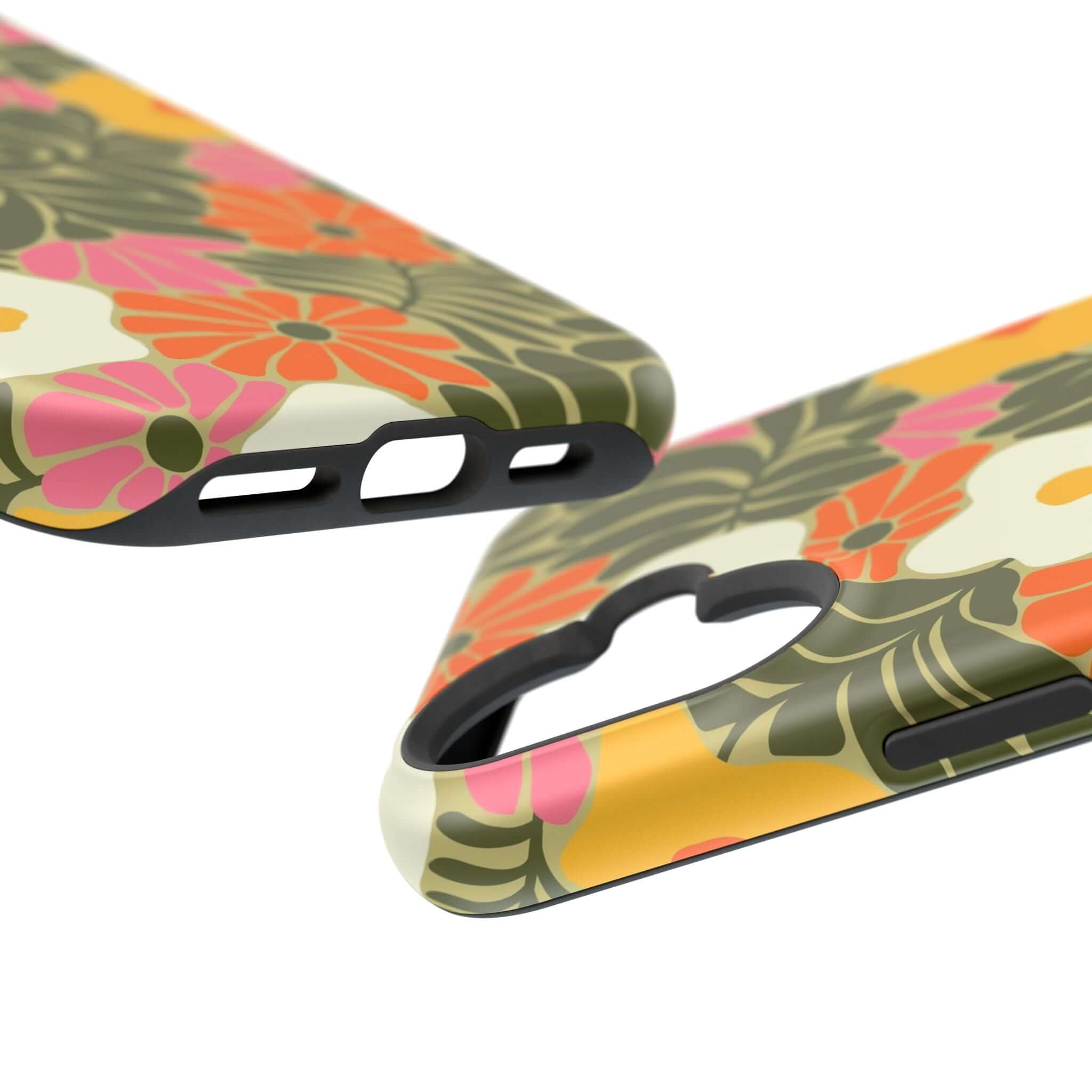 Retro floral iPhone case showcasing vibrant colors and MagSafe compatibility, perfect for tropical beach vibes.