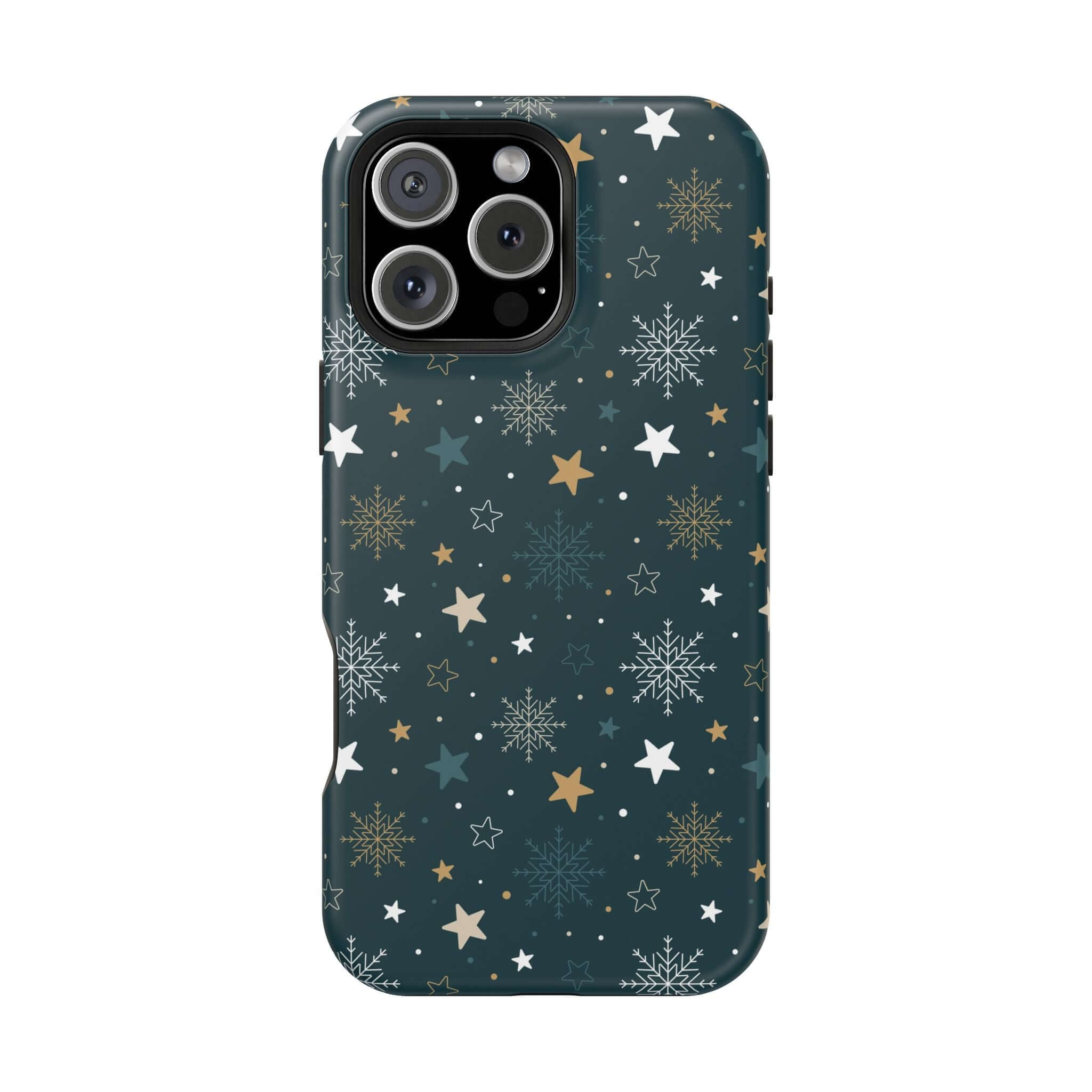 Festive Frosted Wishes MagSafe Christmas phone case with star and snowflake design, perfect holiday and xmas phone cover.