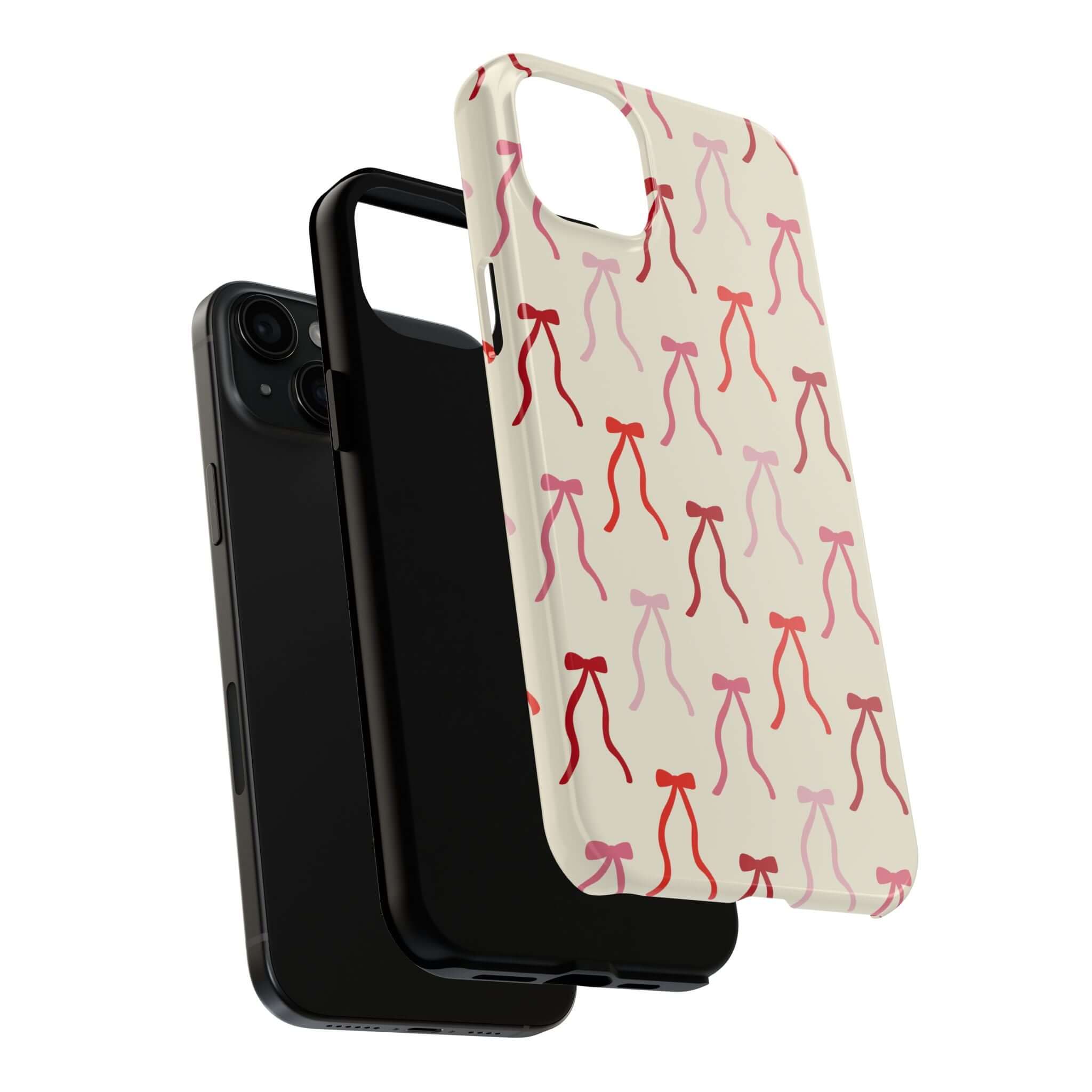 Cute beige phone case with vibrant red coquette bow design for iPhone 16. Stylish protection for your device.