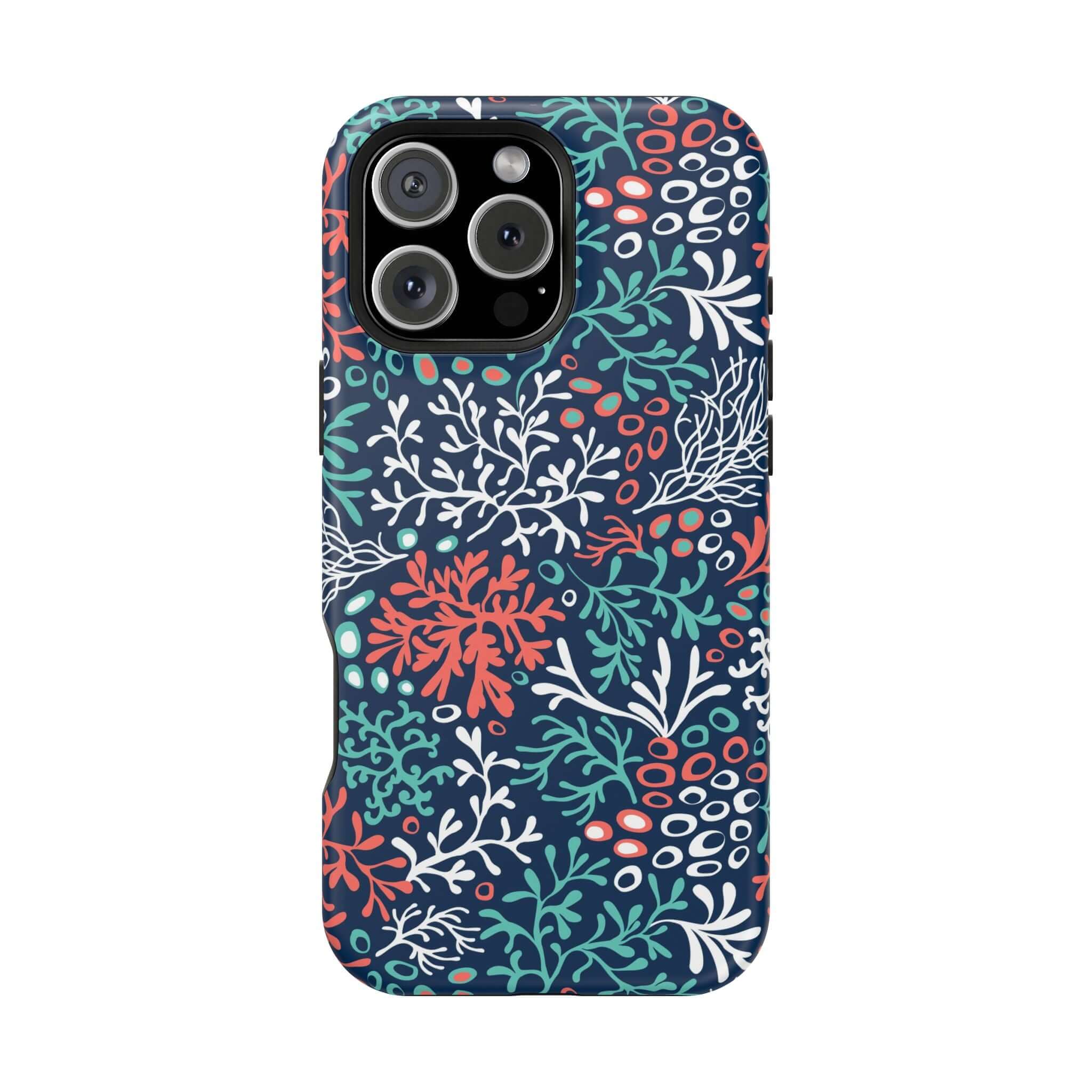 Cute Phone Case iPhone 16 with Colorful Coral Reef Print, Beachy Style Design, Coral Reef Crush Pattern, Navy Background.