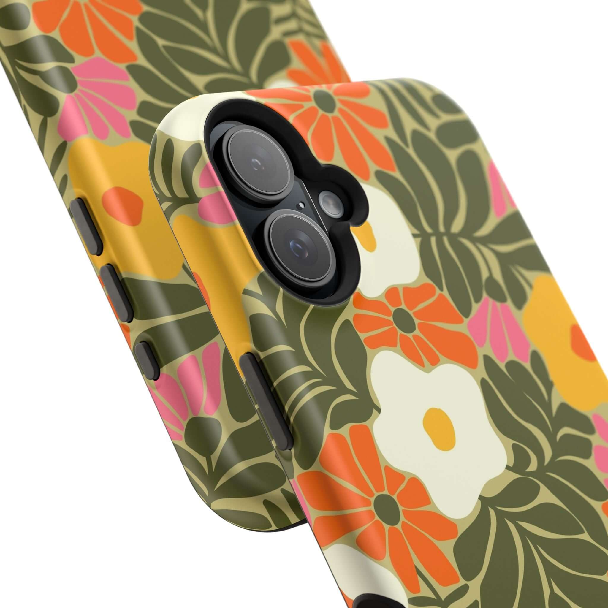 Retro floral iPhone case showcasing vibrant colors and MagSafe compatibility, perfect for cute phone cover lovers.