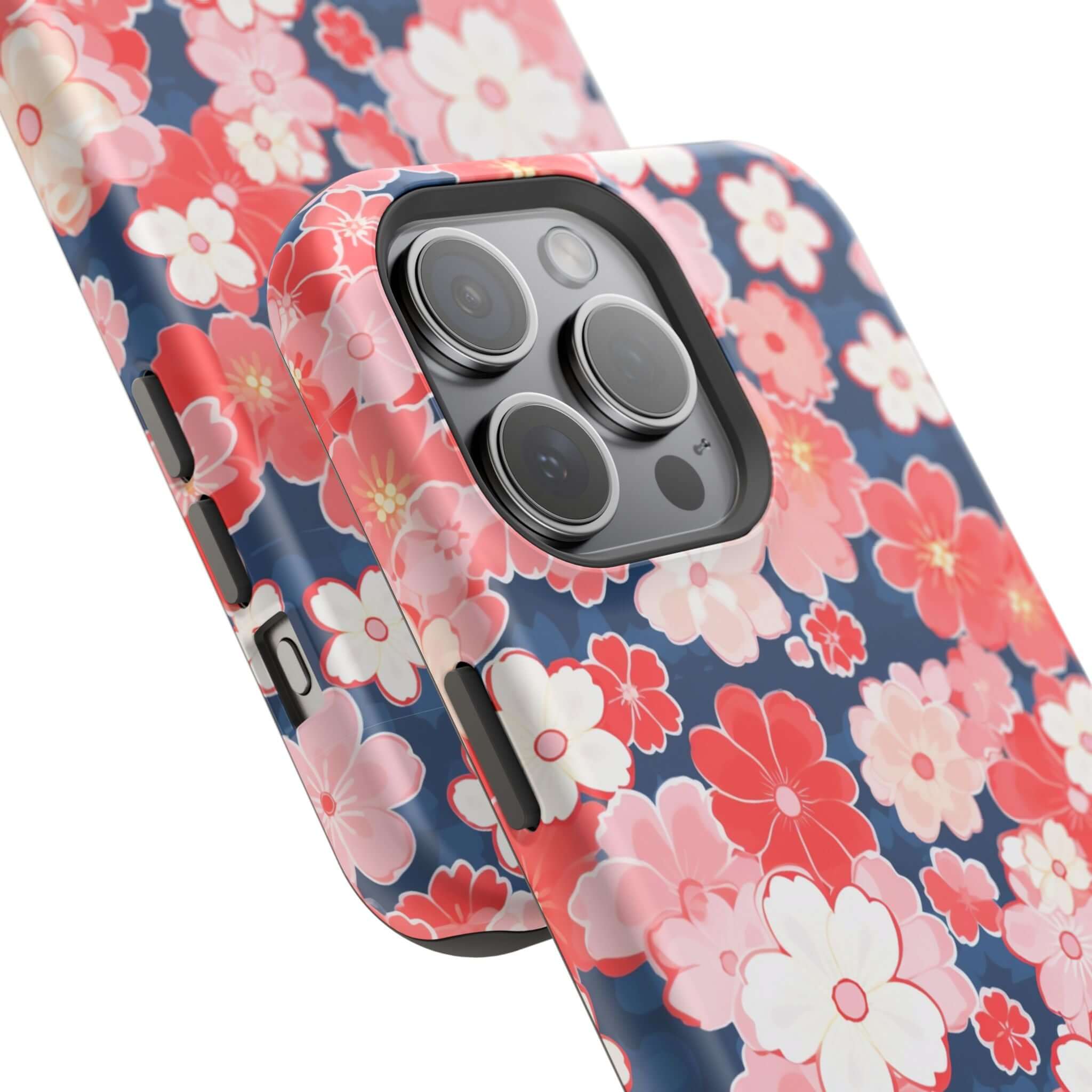 Close-up of Oh So Pretty Pink Floral Case for iPhone 14 Pro Max, featuring vibrant floral design and secure fit on the phone.