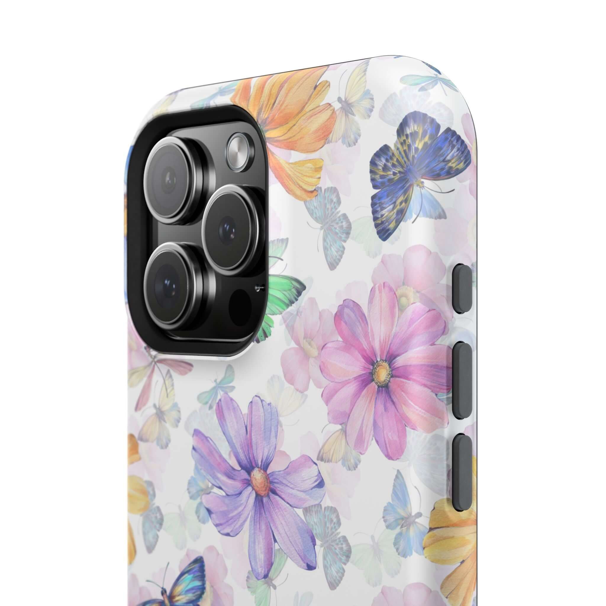 Fluttering Blooms watercolor MagSafe iPhone 16 case with cute protective butterfly and flower design