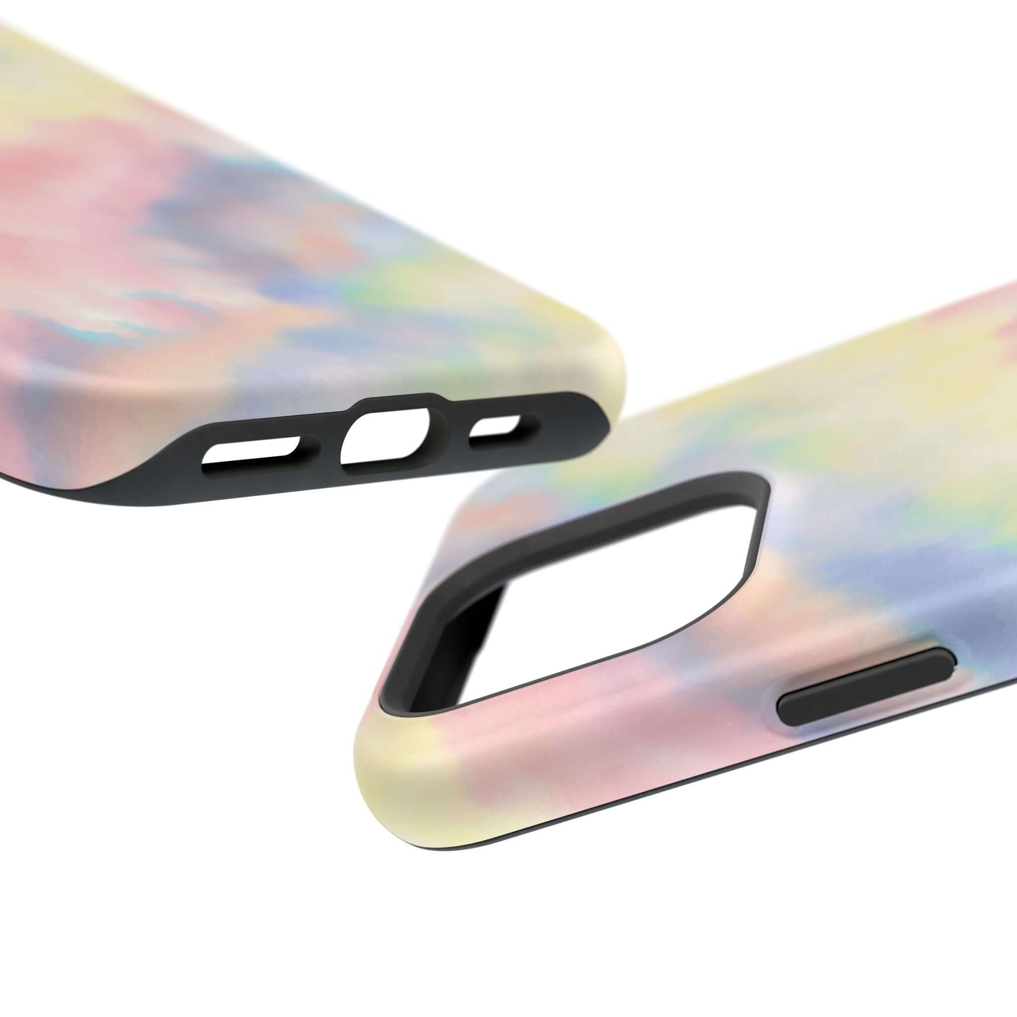 Pastel tie dye unicorn-themed cute iPhone case with MagSafe compatibility, showcasing vibrant phone case design.