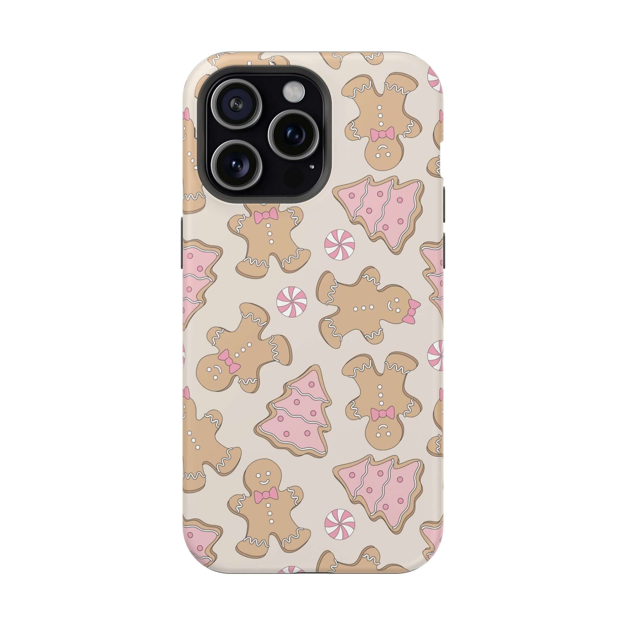 Christmas phone case with gingerbread design, featuring pink accents, using MagSafe technology. Cute holiday and Xmas phone cover.