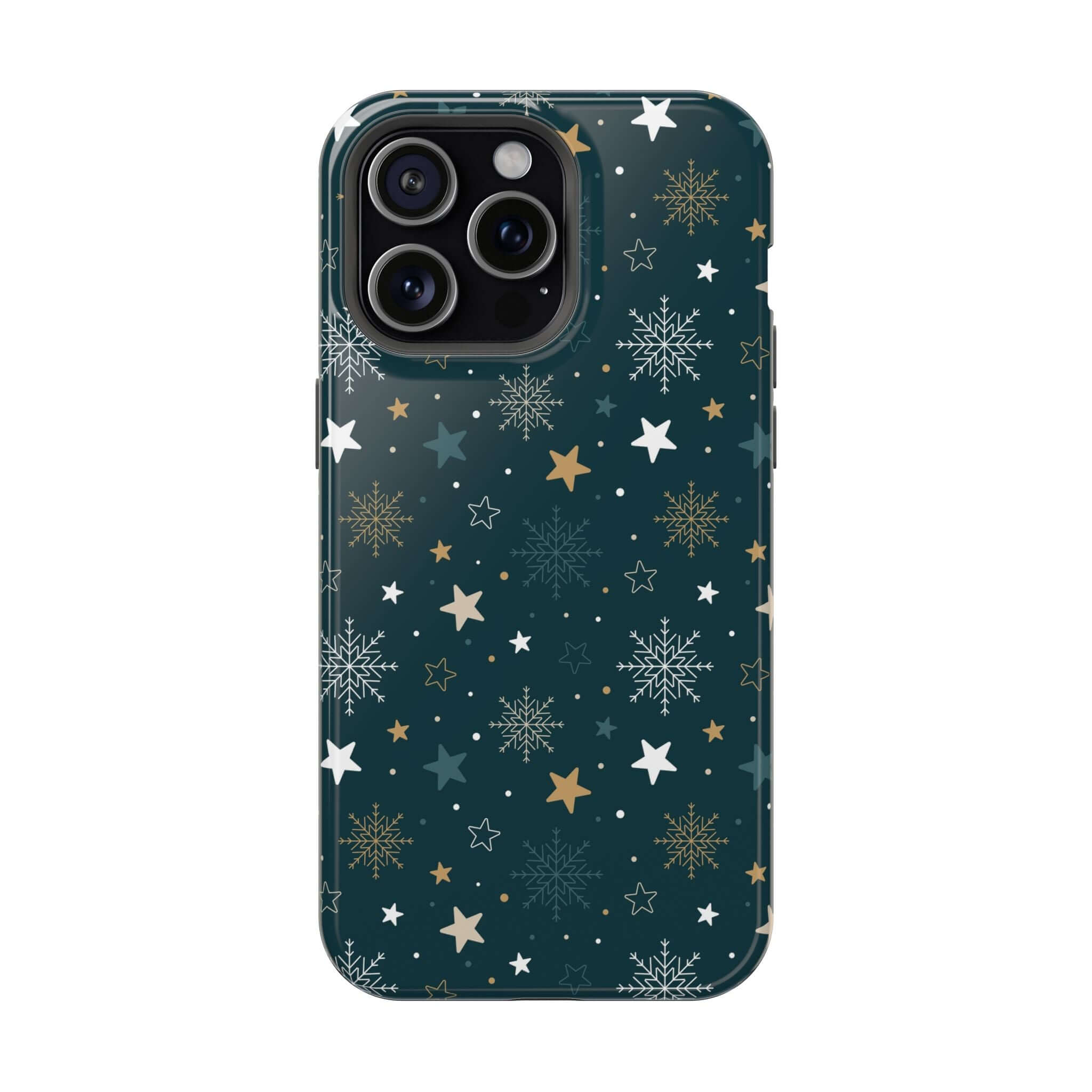 Christmas holiday MagSafe phone case with snowflakes and stars, festive cute design for the perfect xmas phone cover.