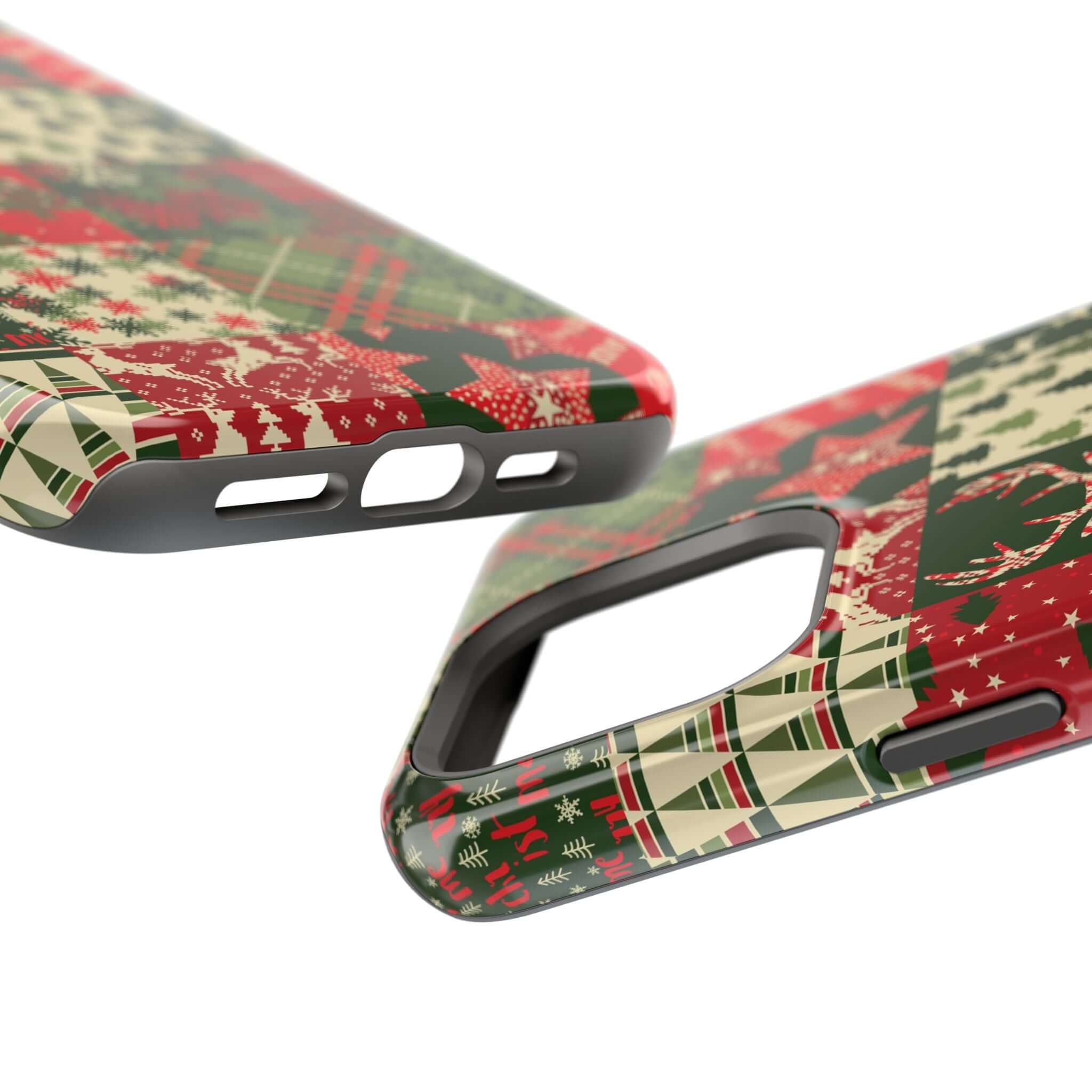 Festive Christmas-themed MagSafe case with red and green quilt design, perfect holiday phone cover for secure MagSafe charging.