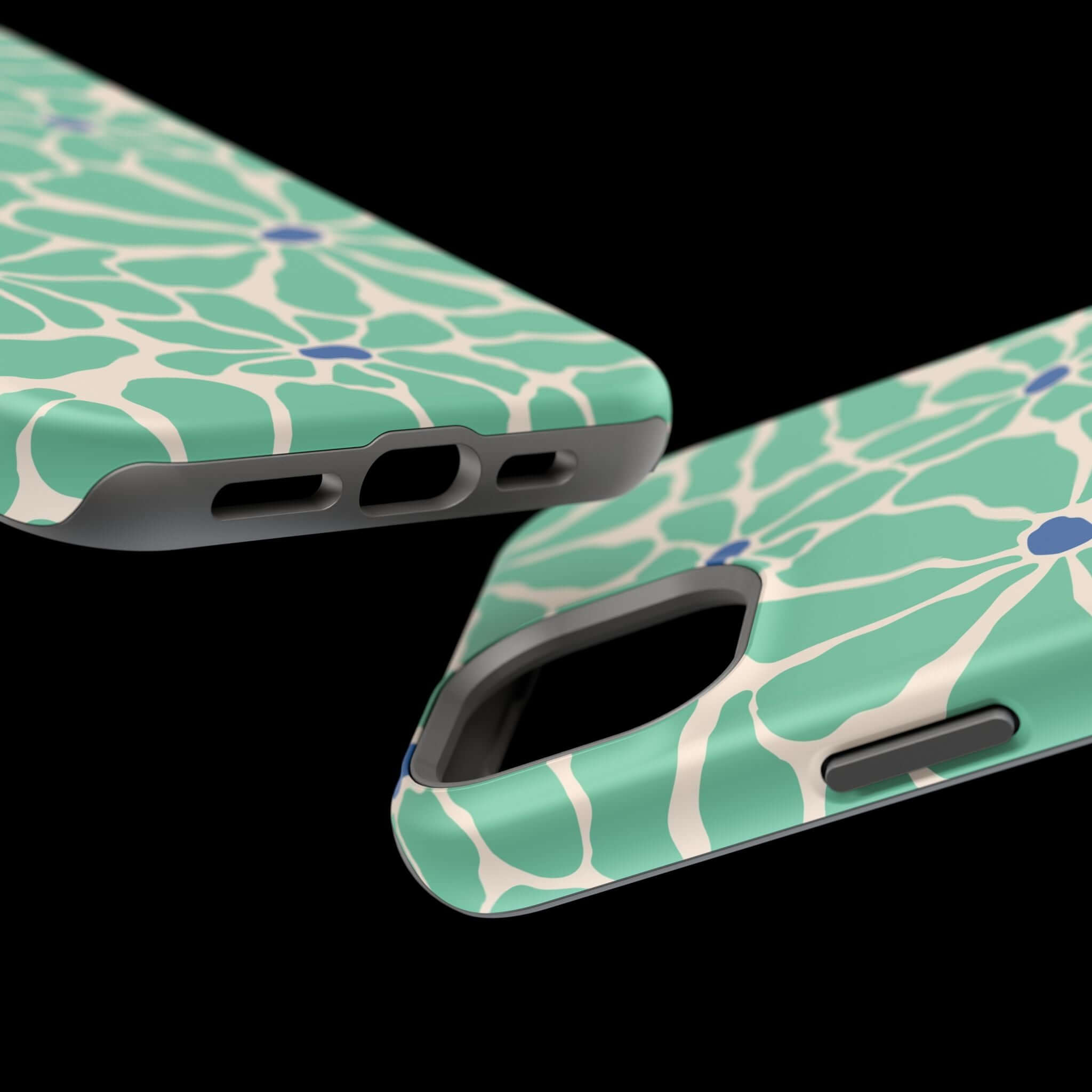 Close-up of the Tropical Splash Retro Floral Case showcasing its vibrant design and MagSafe compatibility for iPhone.