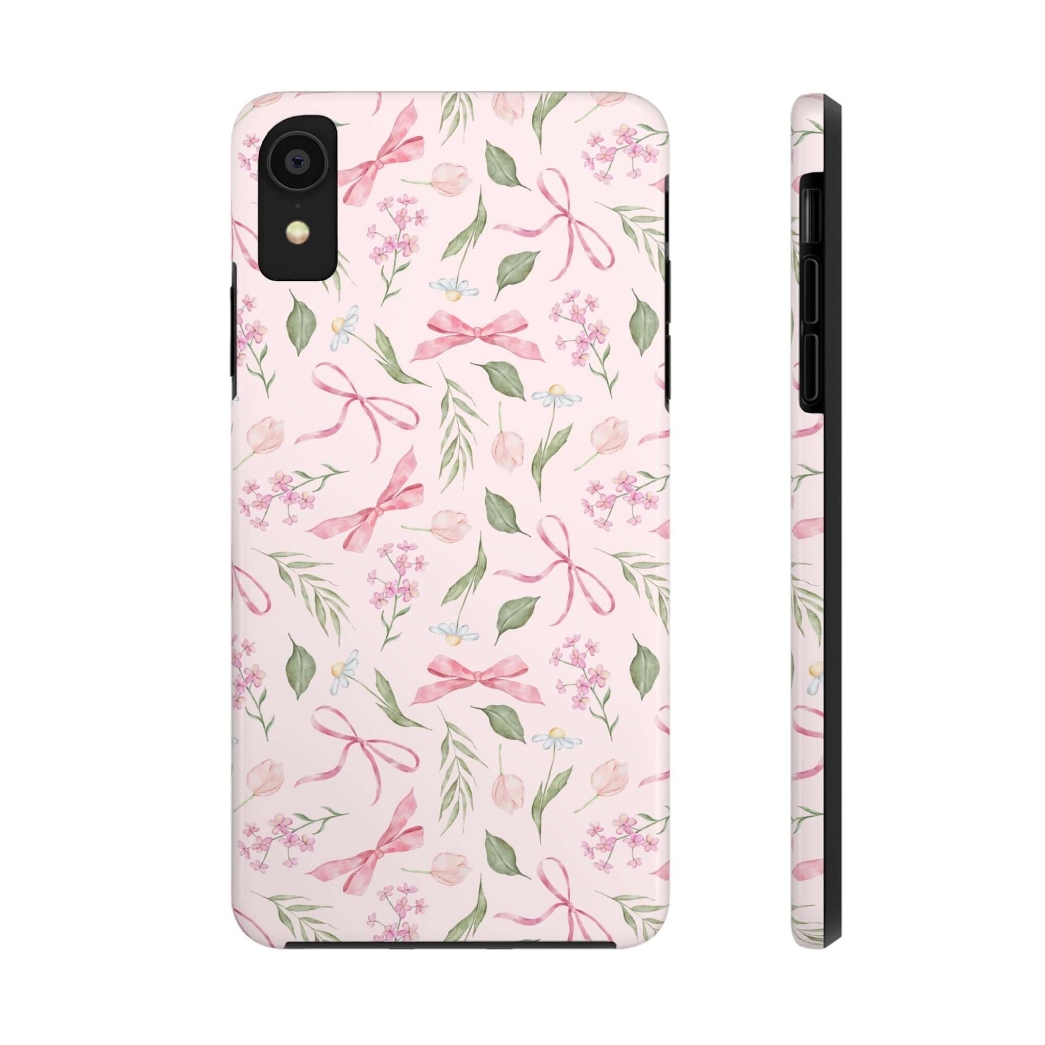 Pink iPhone case with cute bows and floral design, perfect for iPhone 14 and iPhone 15. Cute phone case for stylish protection.