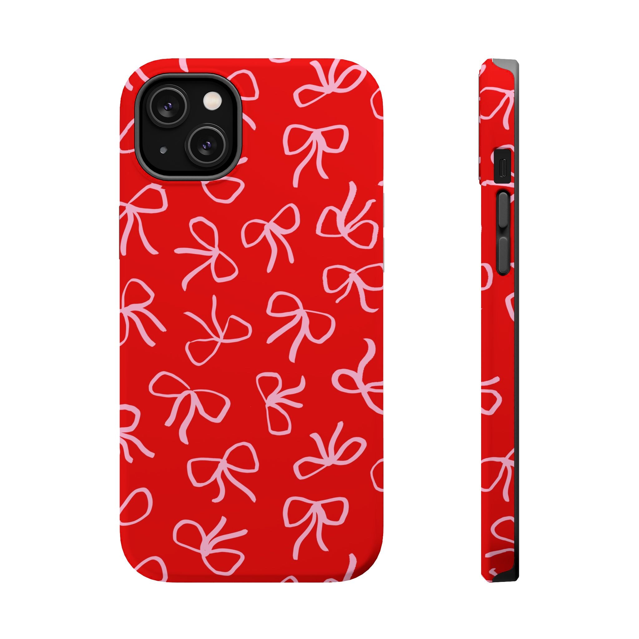 Bold red phone case with playful white bows, MagSafe compatible. Cute phone cover for a flirty Coquette.