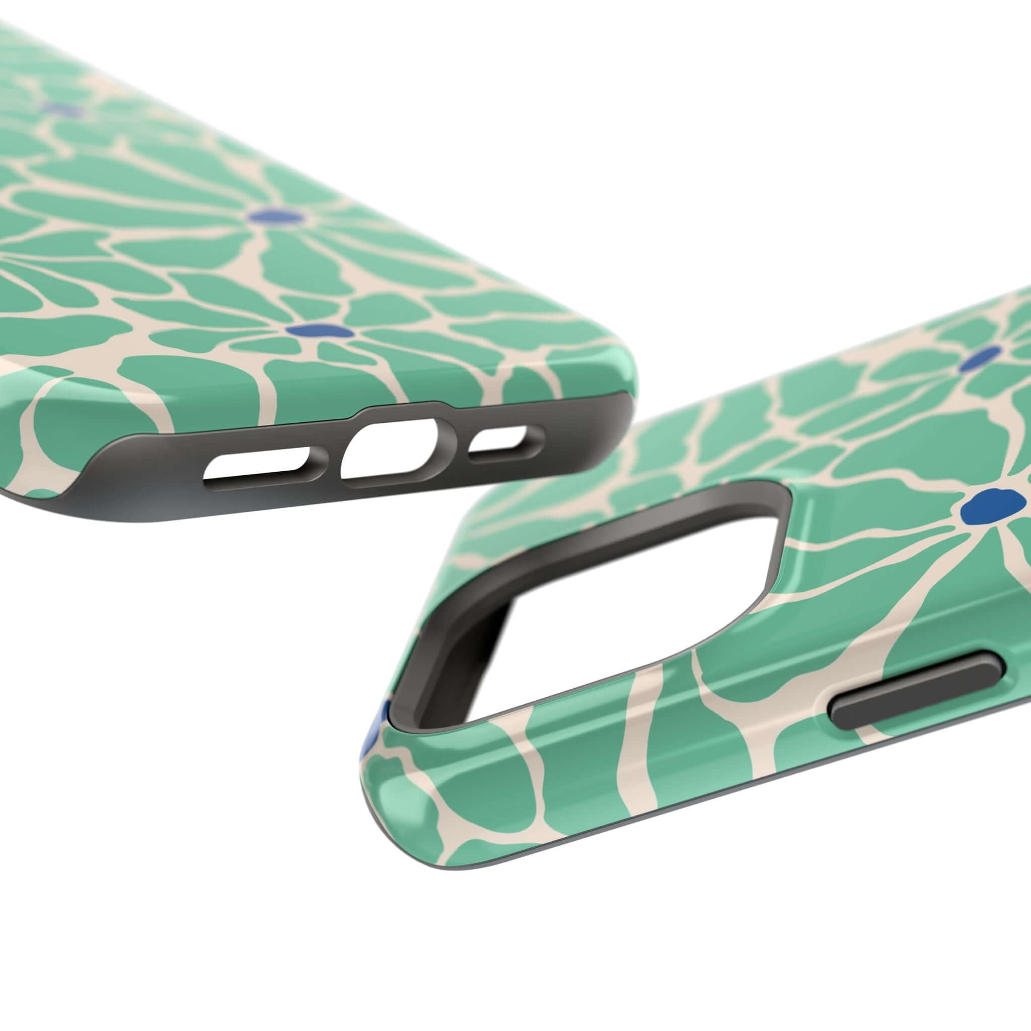 Close-up of the Tropical Splash Retro Floral Case showcasing its cute floral design and MagSafe compatibility for iPhone.