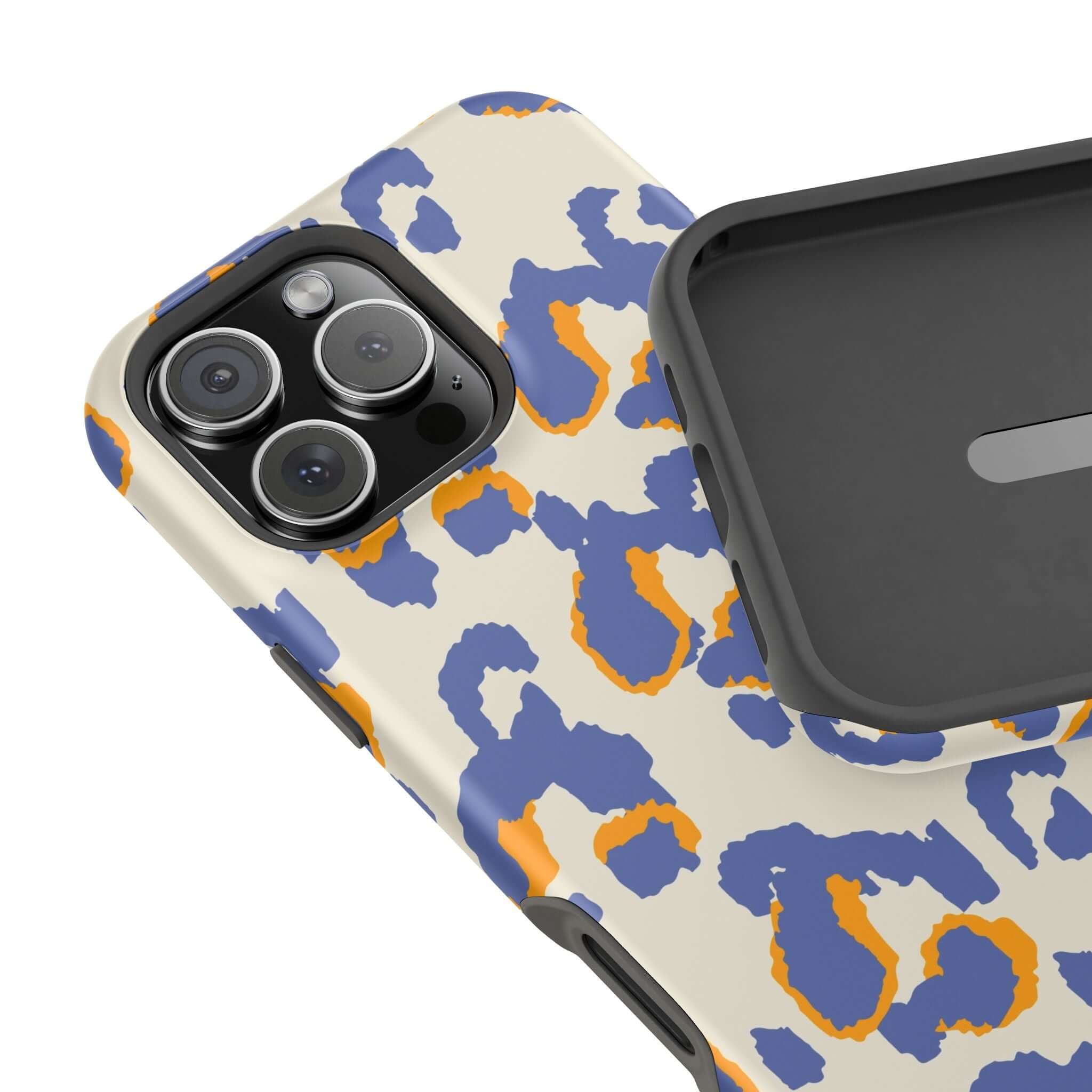 Colorful iPhone case with blue and orange leopard print on a cream background, showcasing a cute and abstract design.