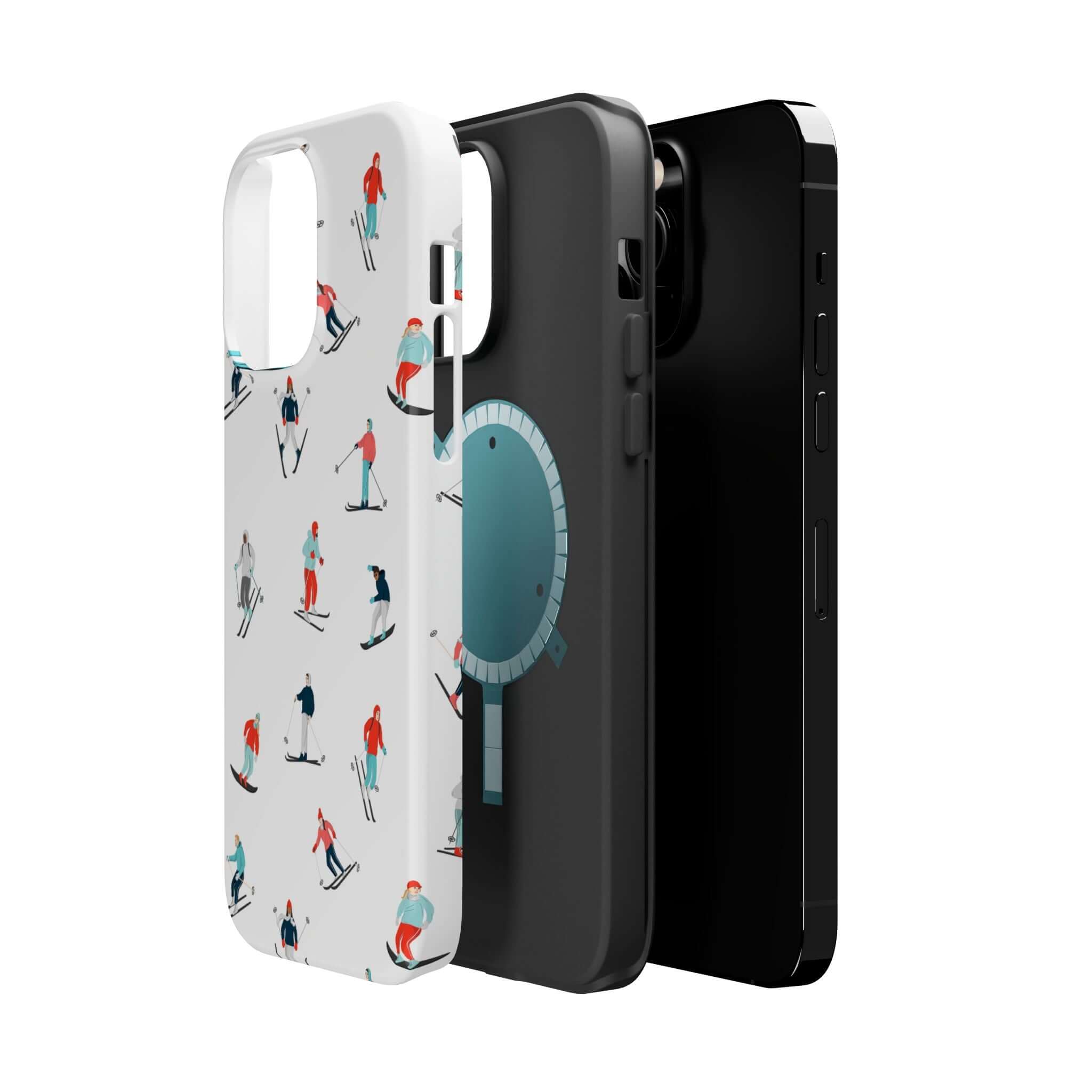 Cute phone covers for winter sports, featuring skiing designs and MagSafe compatibility for iPhone protection.