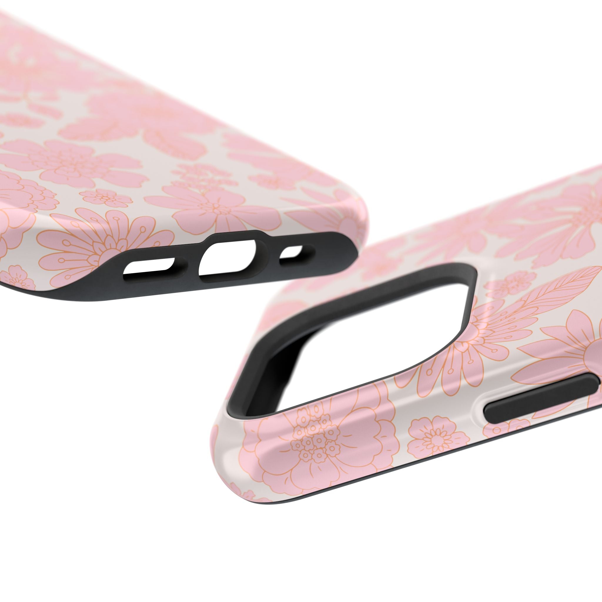 Charming Petals pink floral iPhone 16 MagSafe case, cute phone cover for cottagecore aesthetics.