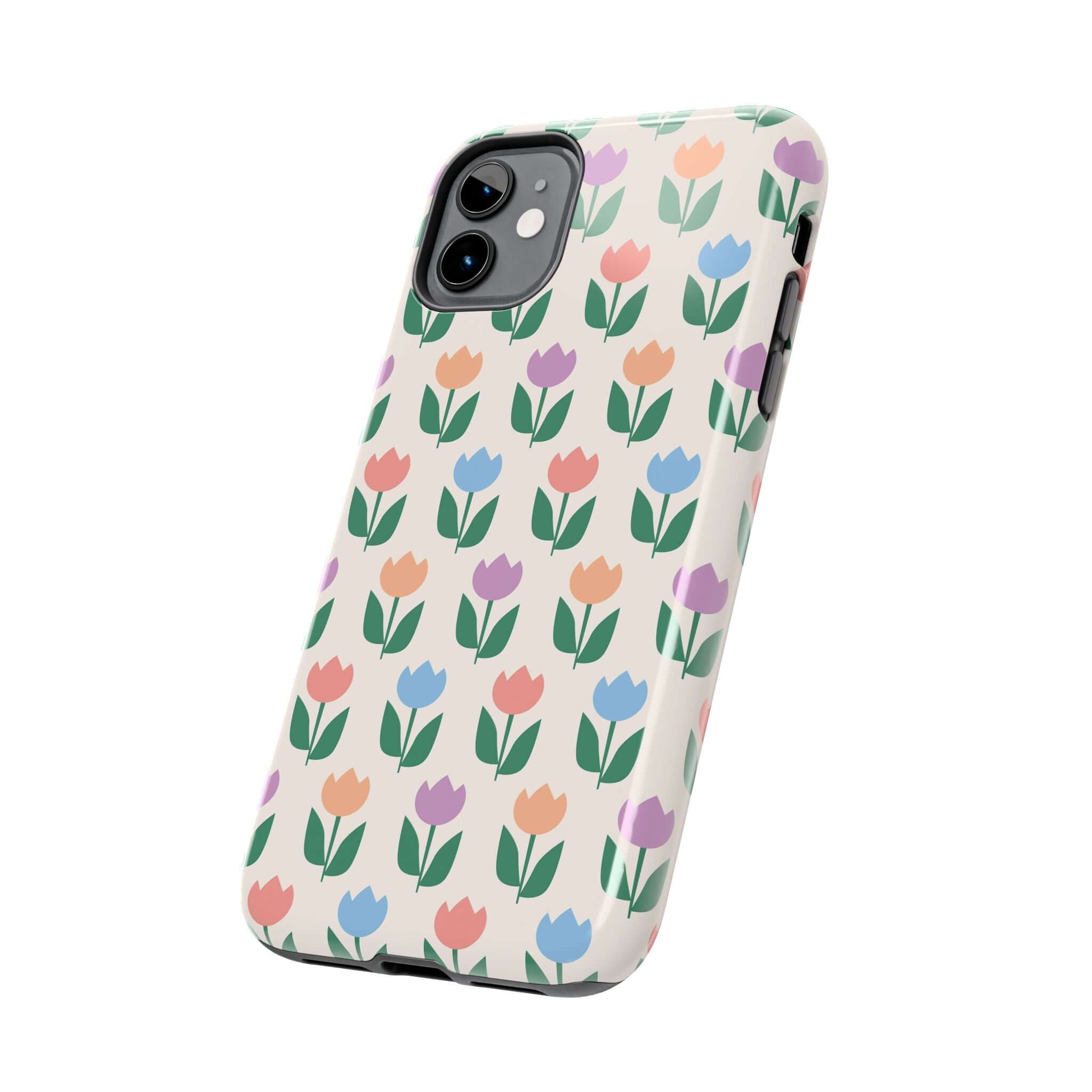 Colorful tulip flower iPhone 14 Pro Max case featuring vibrant floral design and playful tulips on cream background.