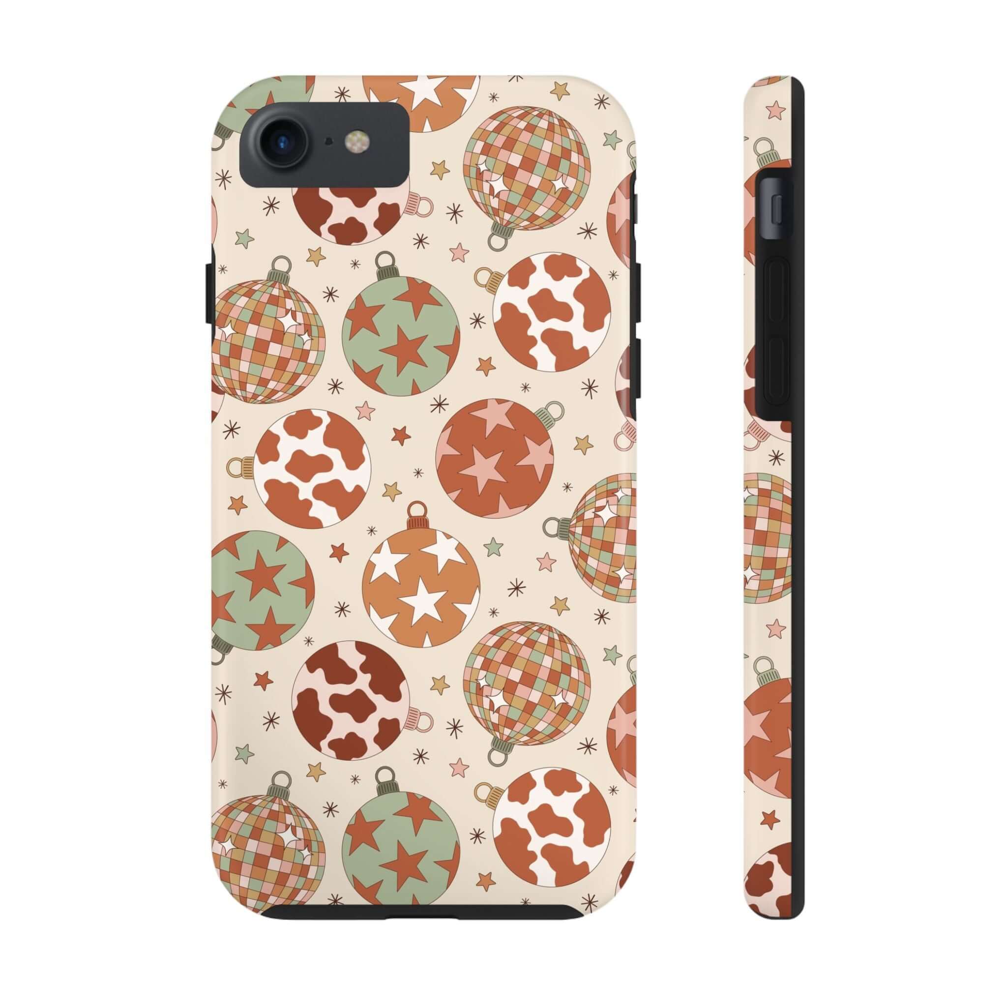 Cute iPhone case with festive cowgirl Christmas pattern, colorful holiday phone cover perfect for gifts or quirky accessories.