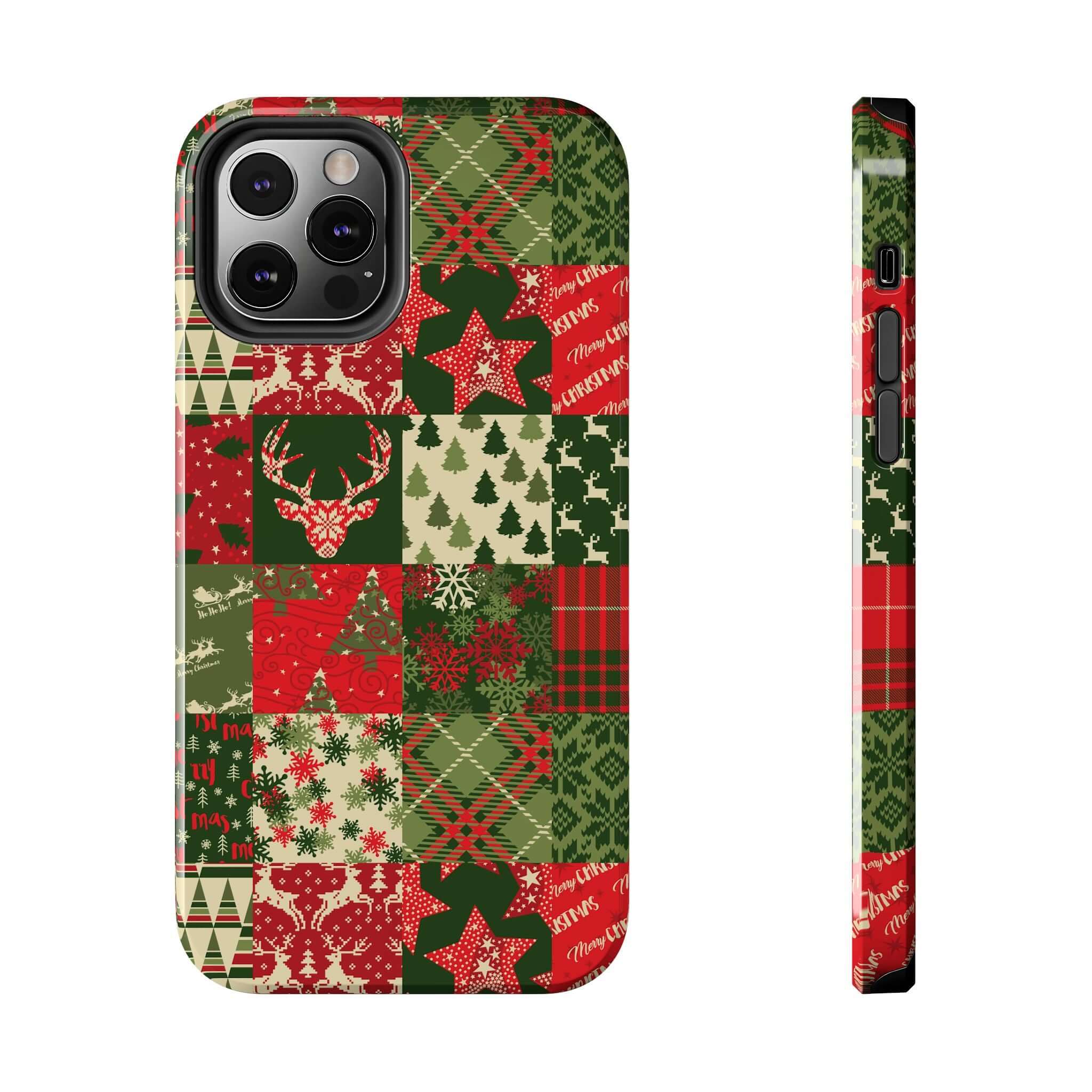 Festive green and red Christmas quilt pattern phone case with trees, stars, and reindeer. Cute iPhone case design for holidays.