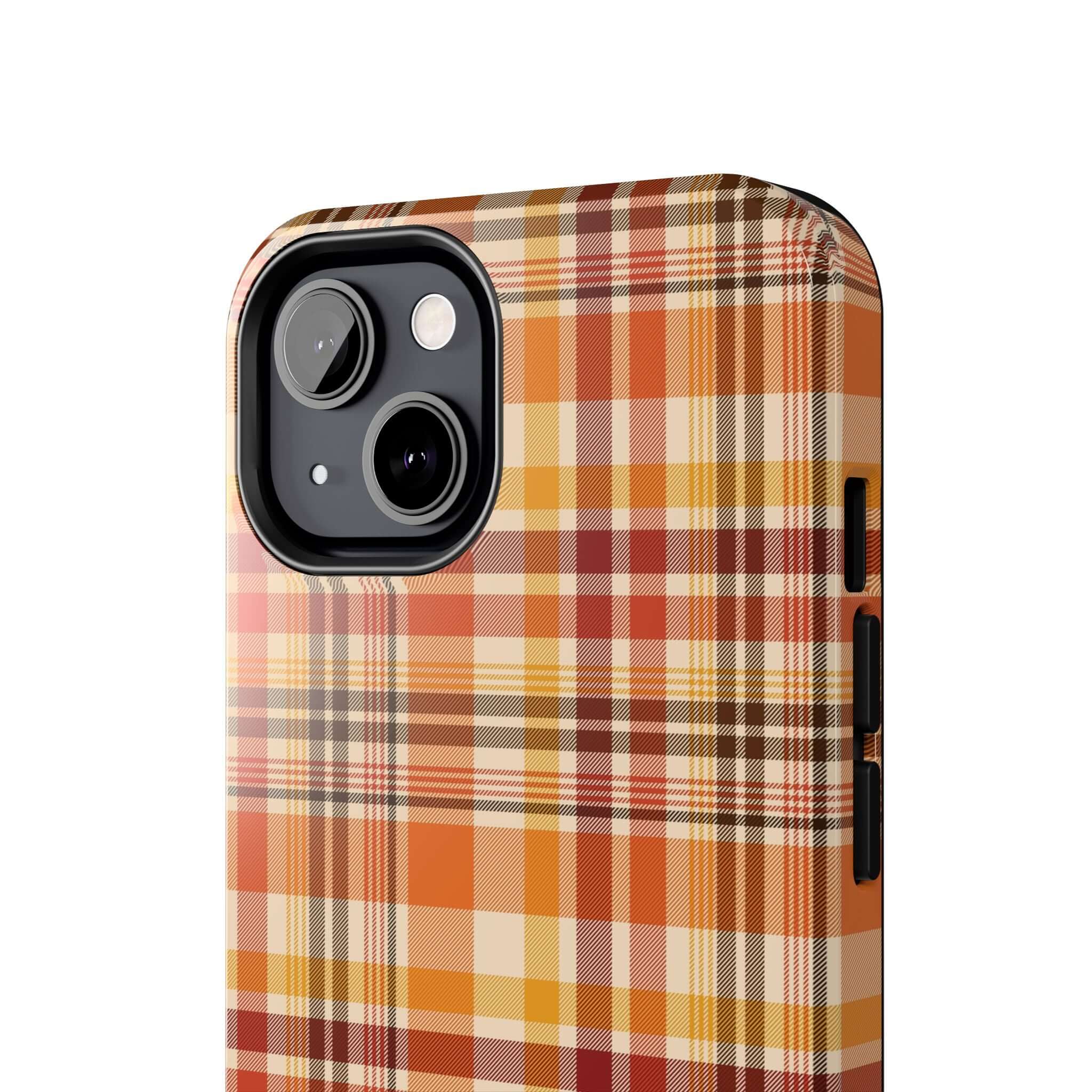 Autumn Air fall plaid iPhone case with orange and yellow design, perfect Halloween phone case for a stylish and cute fall look.