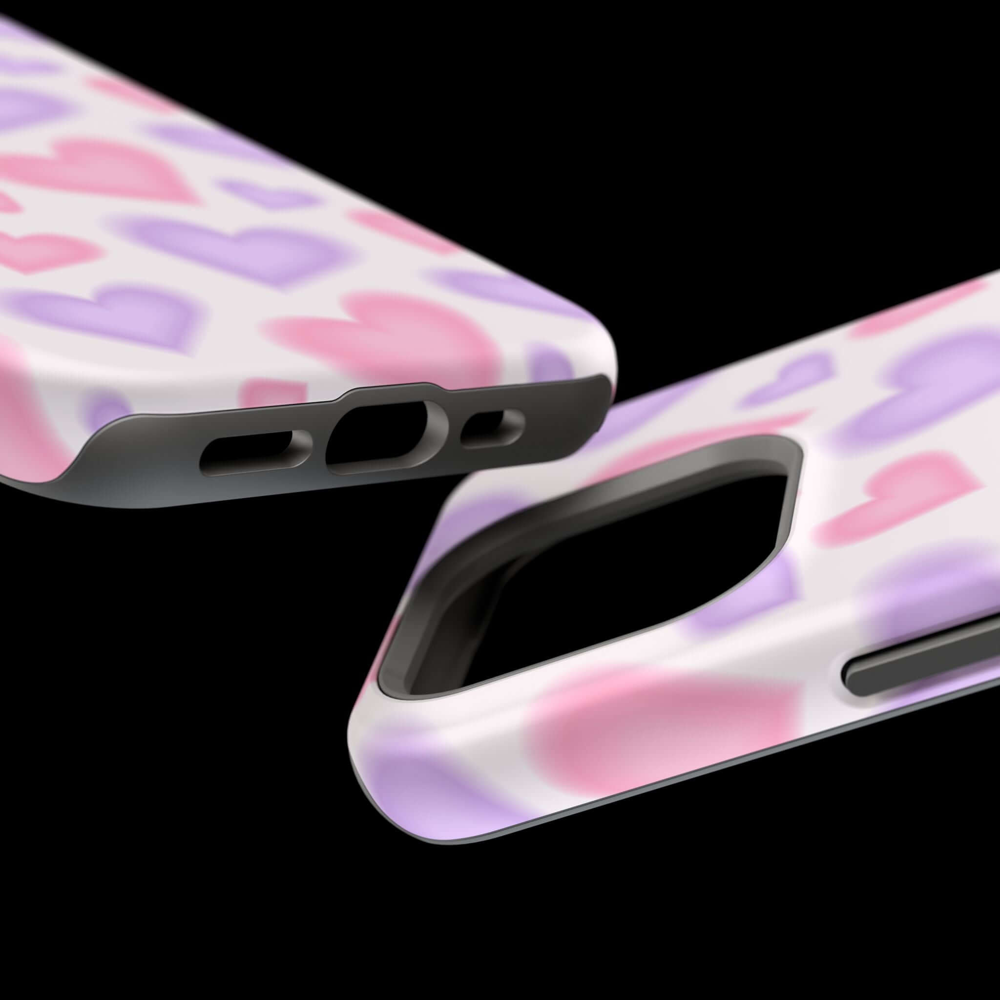 Close-up of Blurred Love pink hearts iPhone case, showcasing its cute design and MagSafe compatibility for stylish protection.