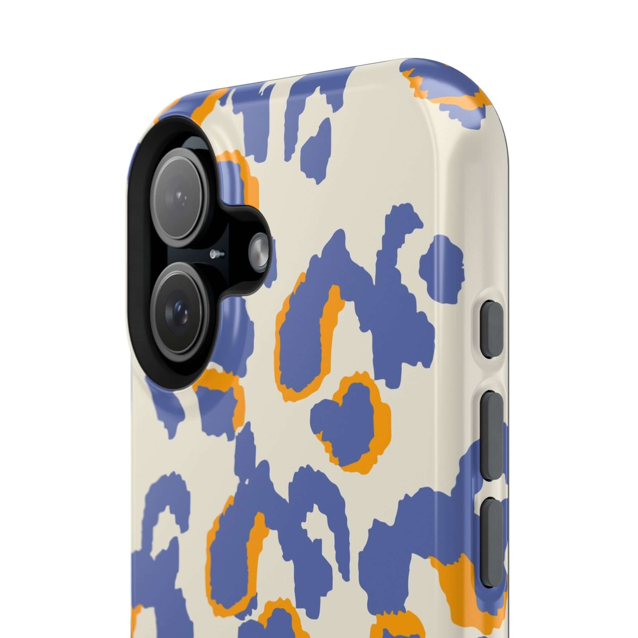 Blue leopard print MagSafe case for iPhone with vibrant abstract design, combining style and protection. Cute and colorful phone accessory.