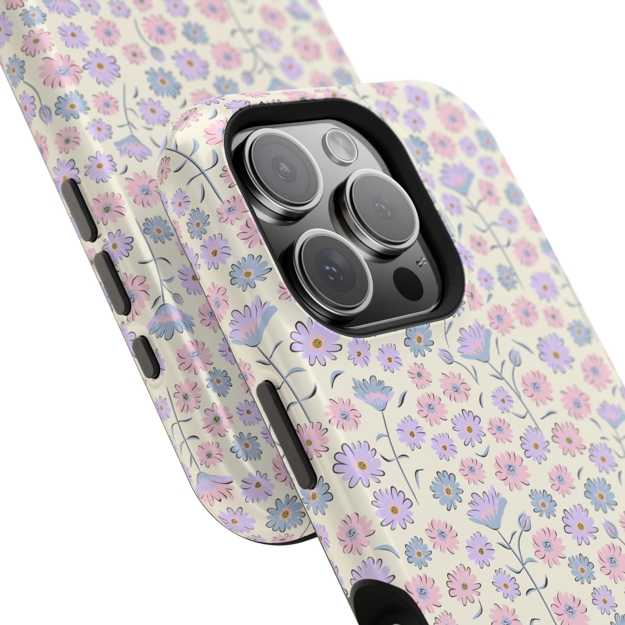 Pink flower MagSafe iPhone 16 case with cottagecore design, featuring delicate floral patterns for a cute phone cover aesthetic.