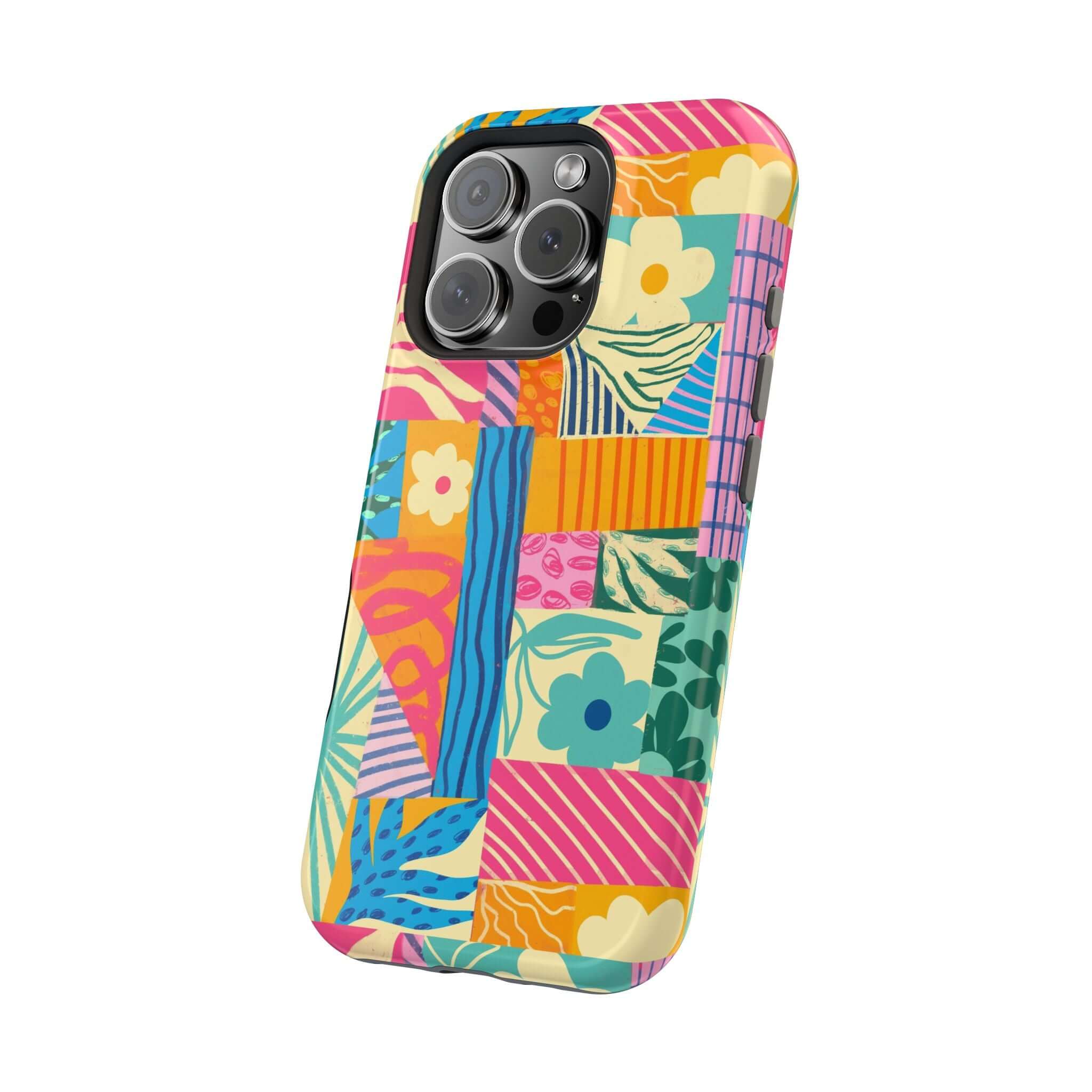 Colorful patchwork phone case for iPhone 16, perfect for beach lovers. Cute and playful design to brighten your outfit.