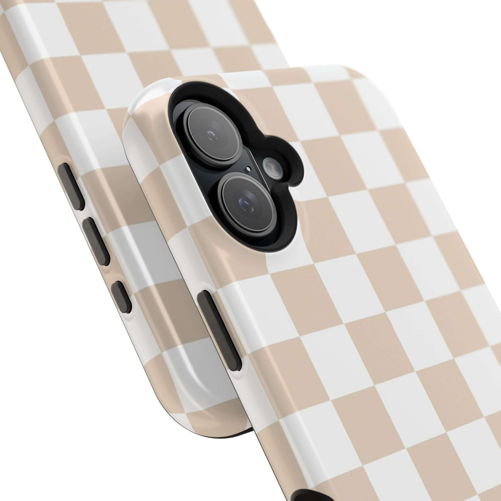 Cute beige cream checkered MagSafe iPhone 16 case, cute protective phone case with trendy checkered design.