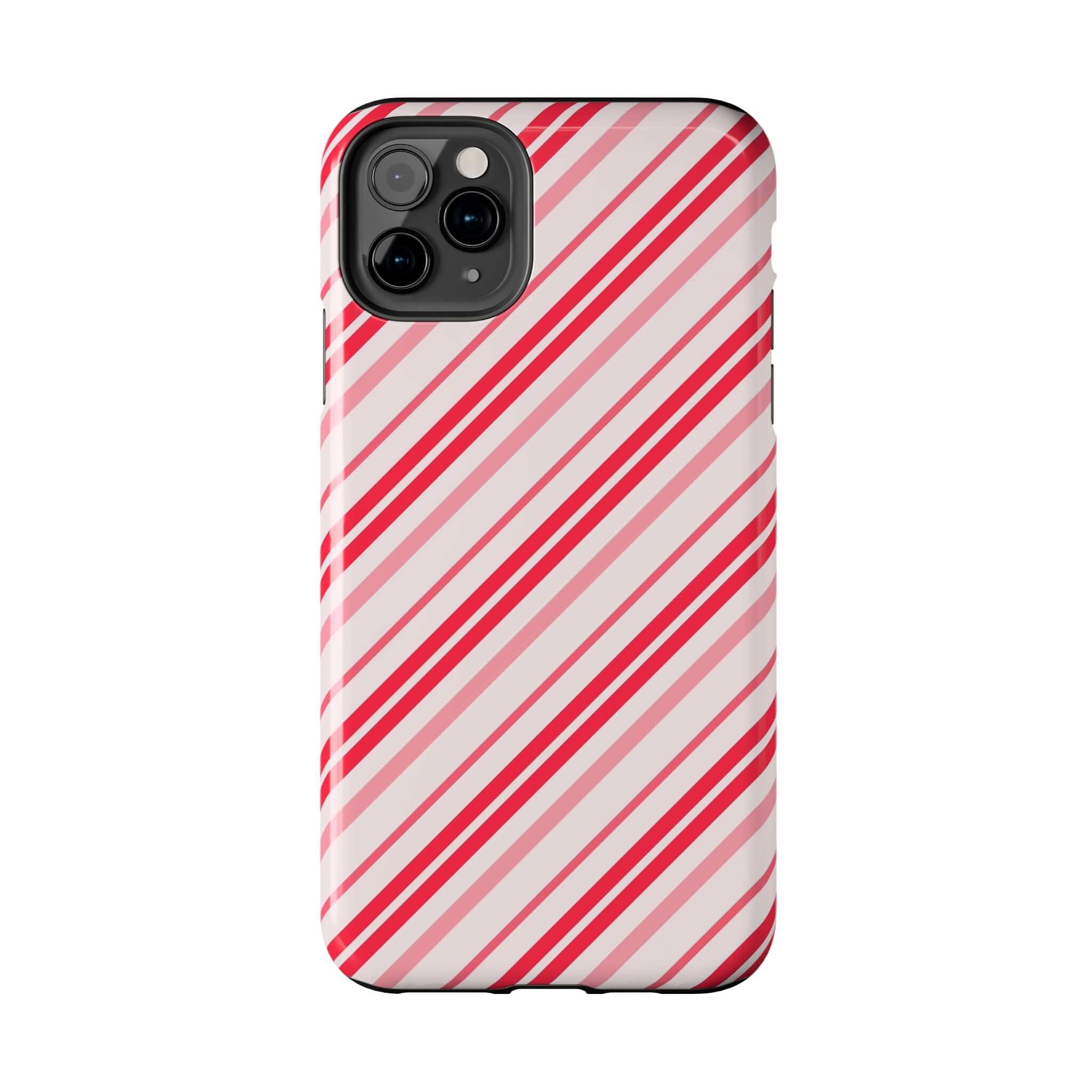 Striped holiday phone case in candy cane design, perfect for a festive cute iPhone cover or colorful phone accessory.